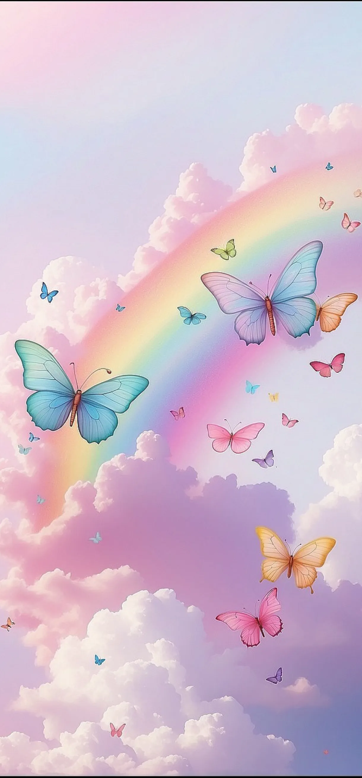 Dreamy Pink Sky with Clouds and Flying Blue Butterflies