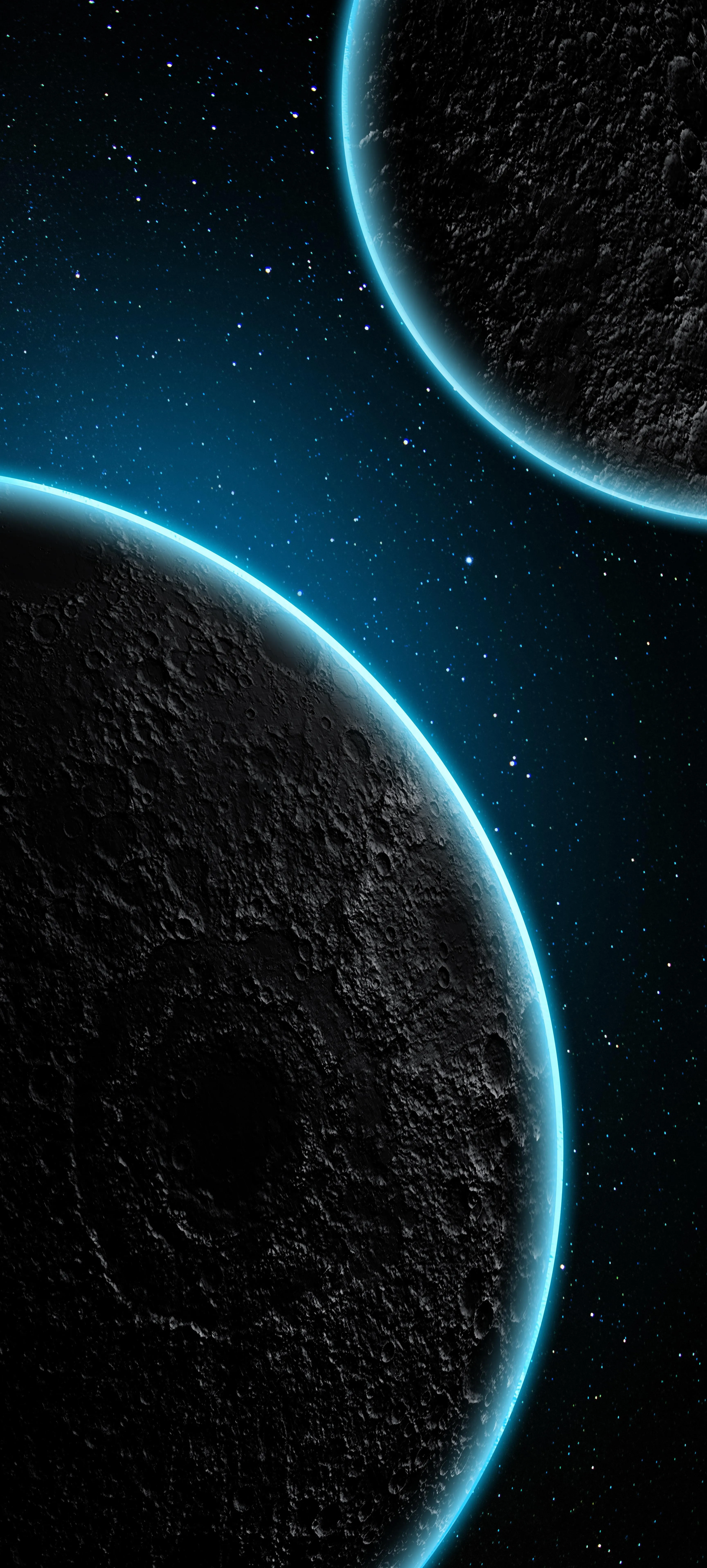 Dual Planet View in Dark Space with Blue Edge Lighting