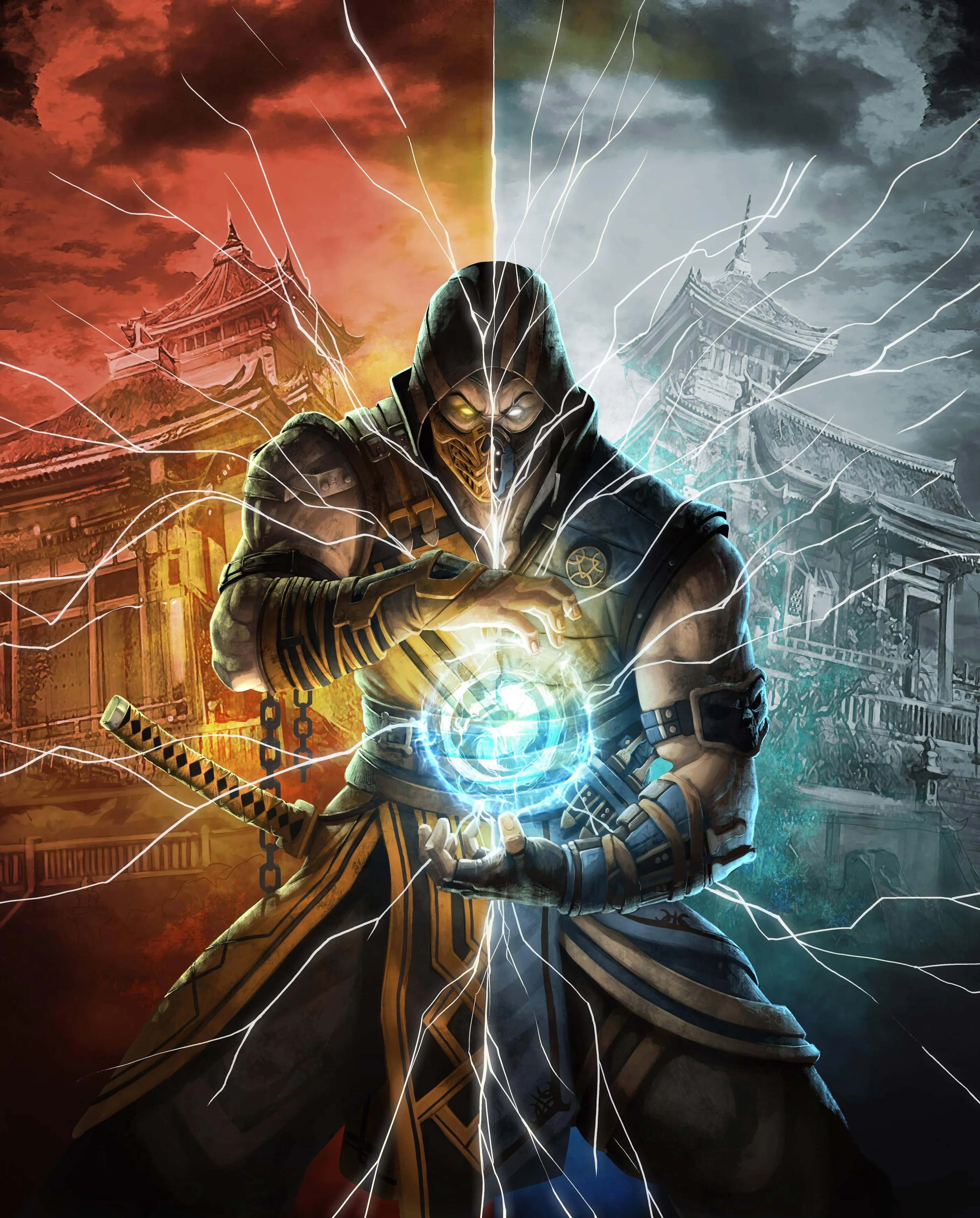 Dual Warrior Fusion of Fire and Ice Power Clash Artwork