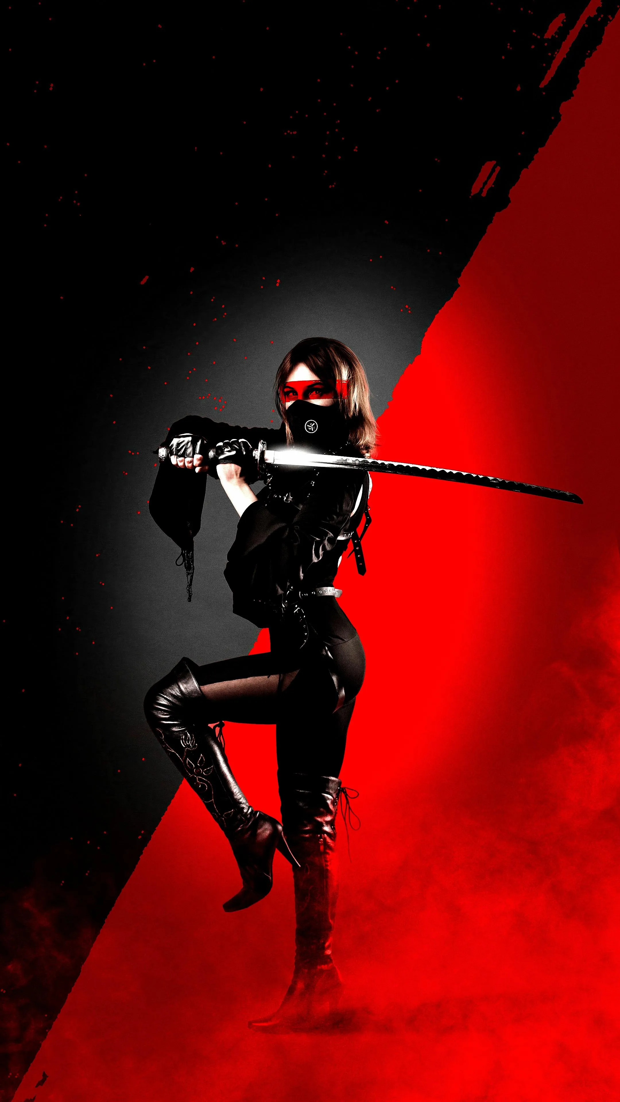Dynamic Ninja Warrior in Action Against Red Black Background