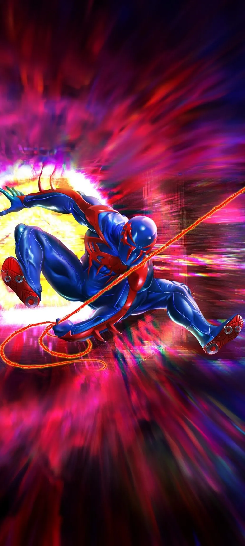 Dynamic Superhero Swinging in Neon Speed Burst Wallpaper