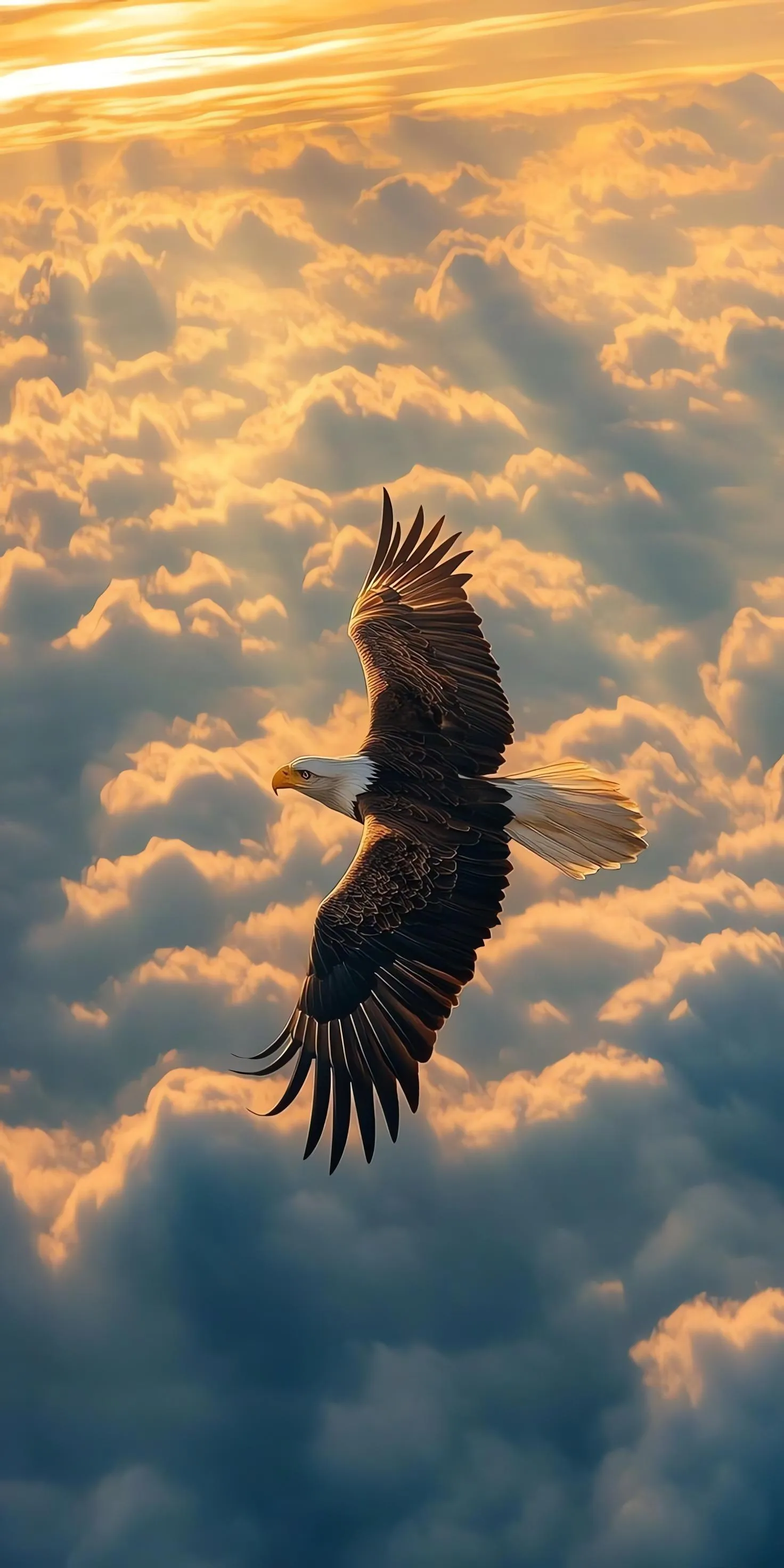 Eagle Soaring Through Clouds in Golden Hour Sky Wallpaper