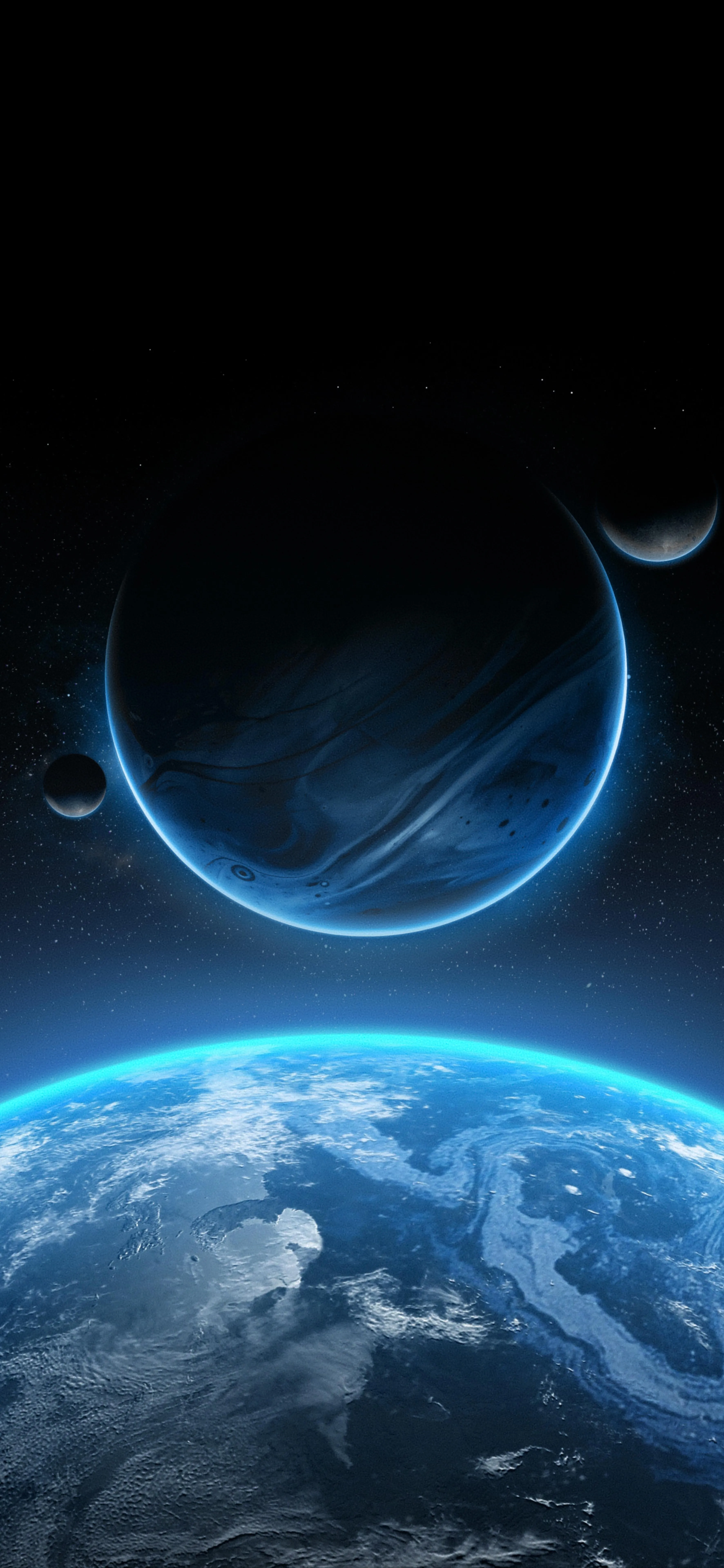 Earth and Moon with Blue Glow in Outer Space Scene Image
