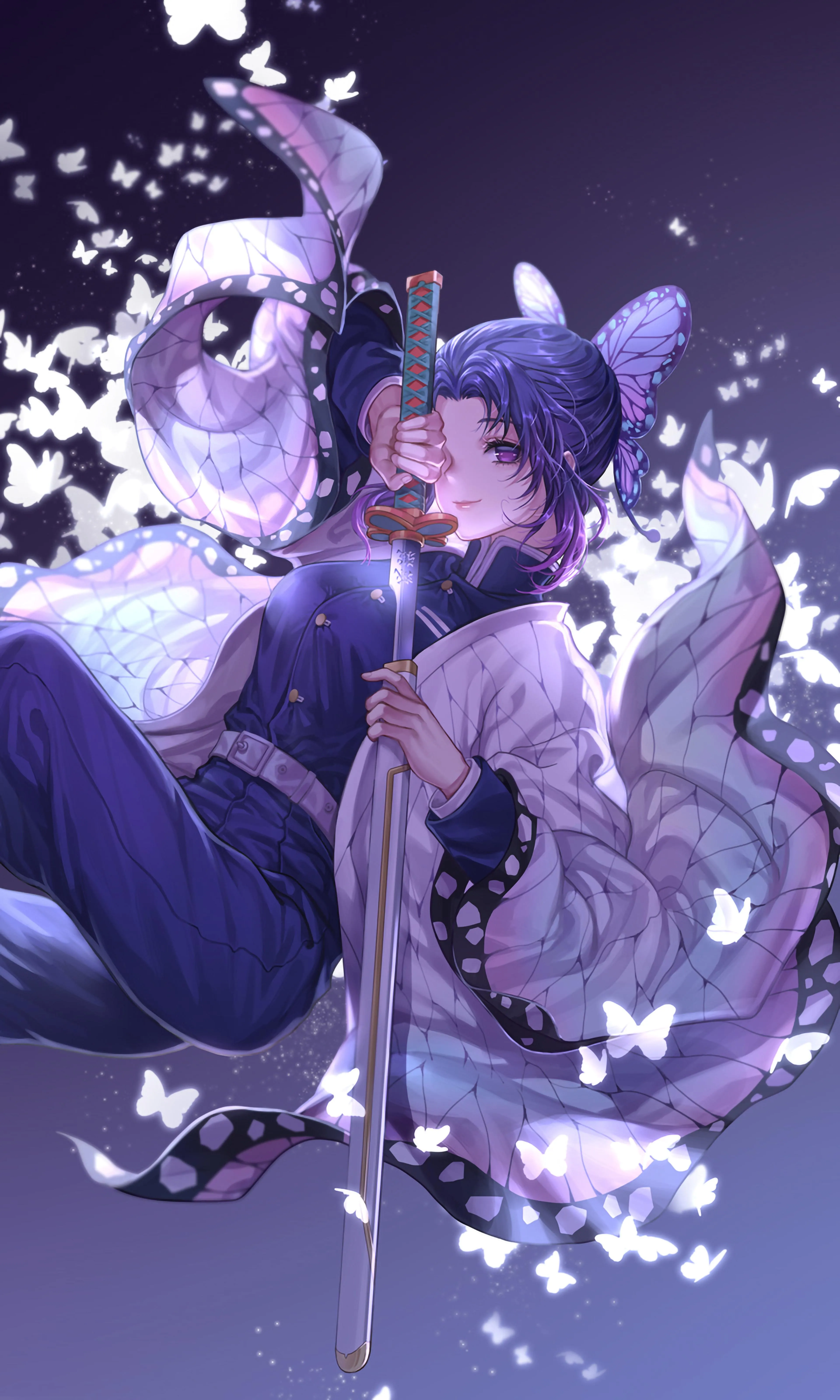 Elegant Anime Warrior Surrounded by Glowing White Energy