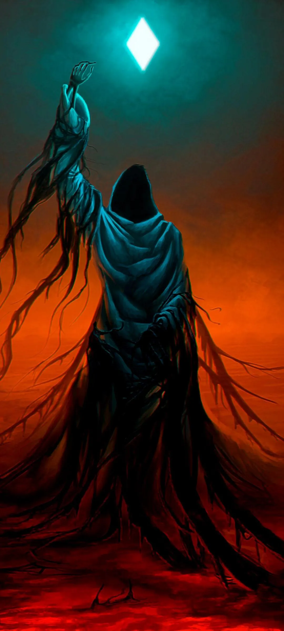 Elegant Dark Hooded Figure Standing in Dark Red Mist