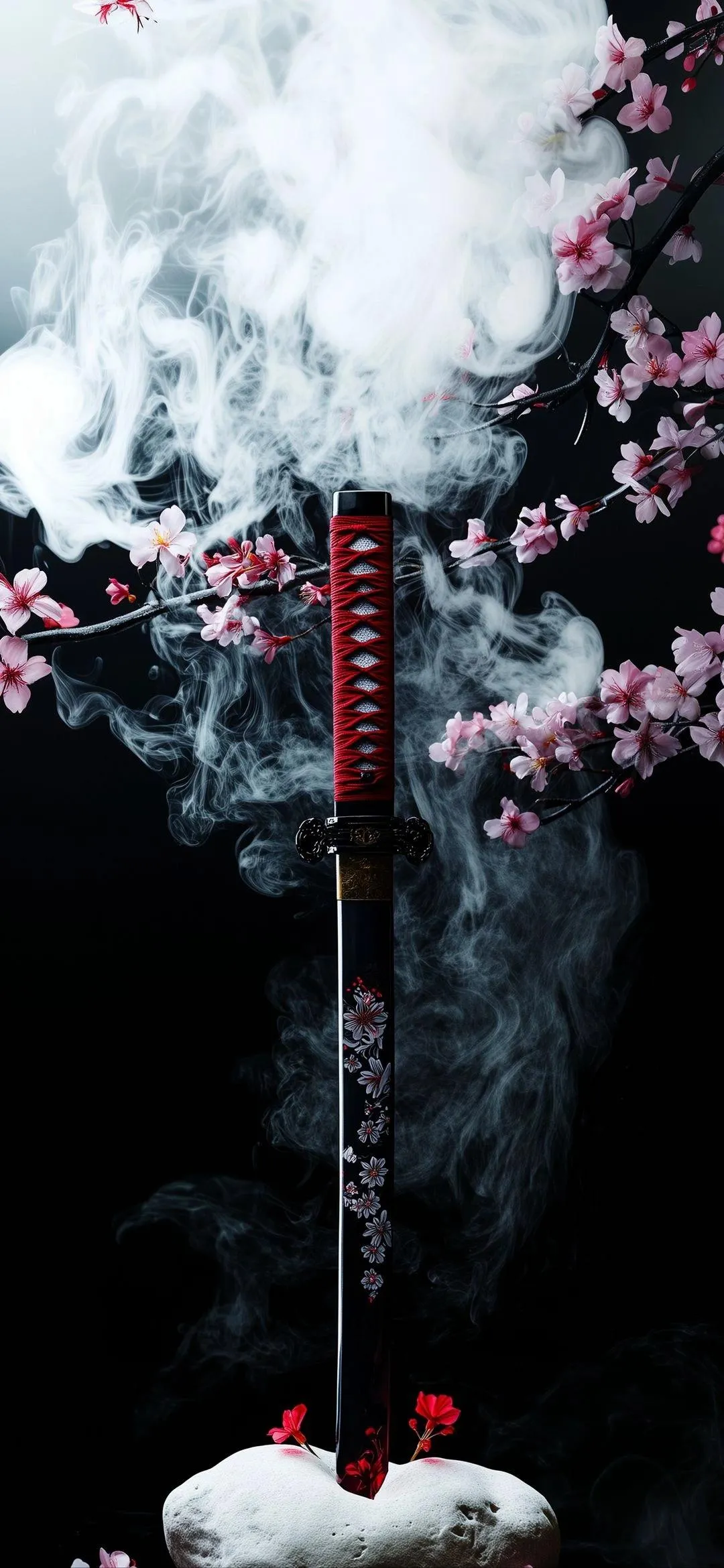 Elegant Katana Framed by Blossoms in Rising Mystical Smoke