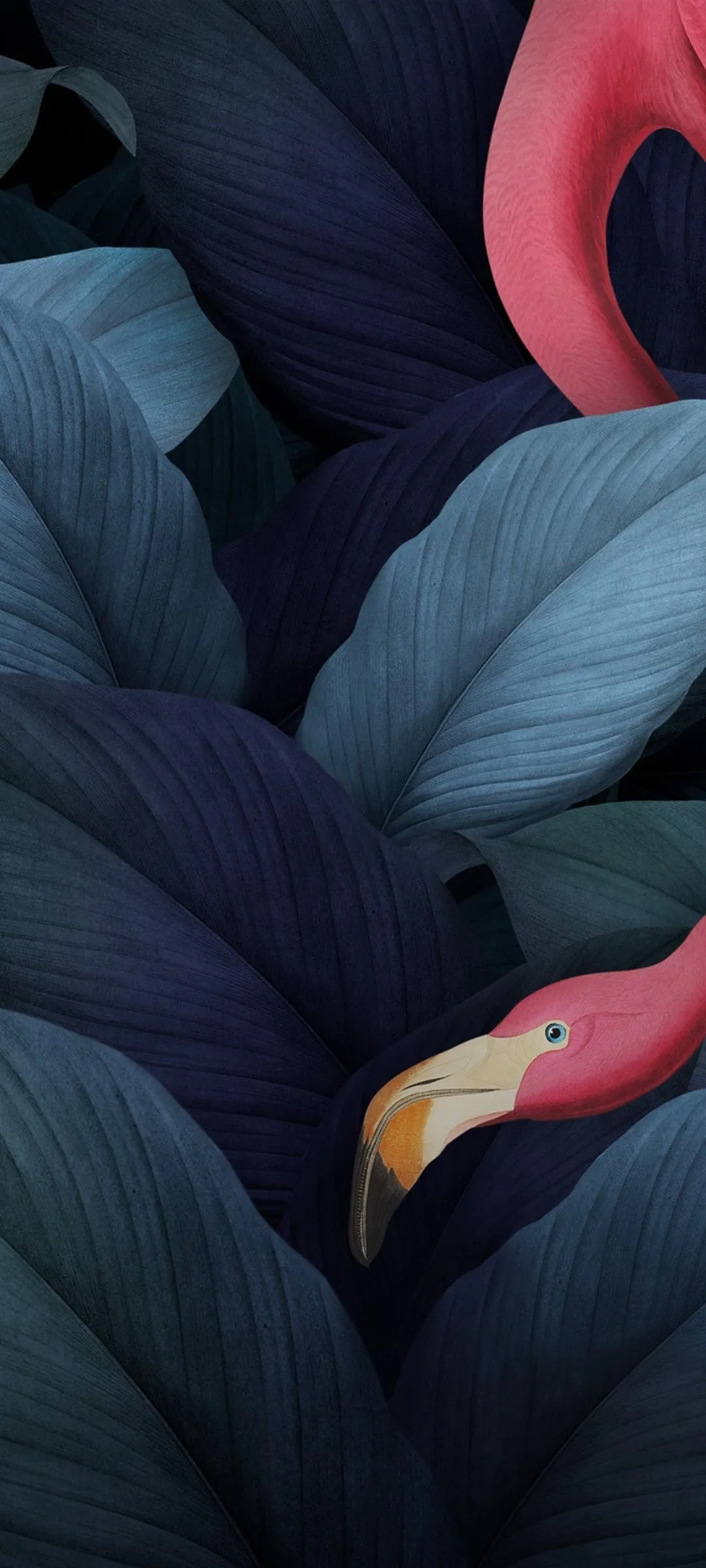 Elegant Pink Flamingo Hidden in Dark Blue Foliage Wallpaper