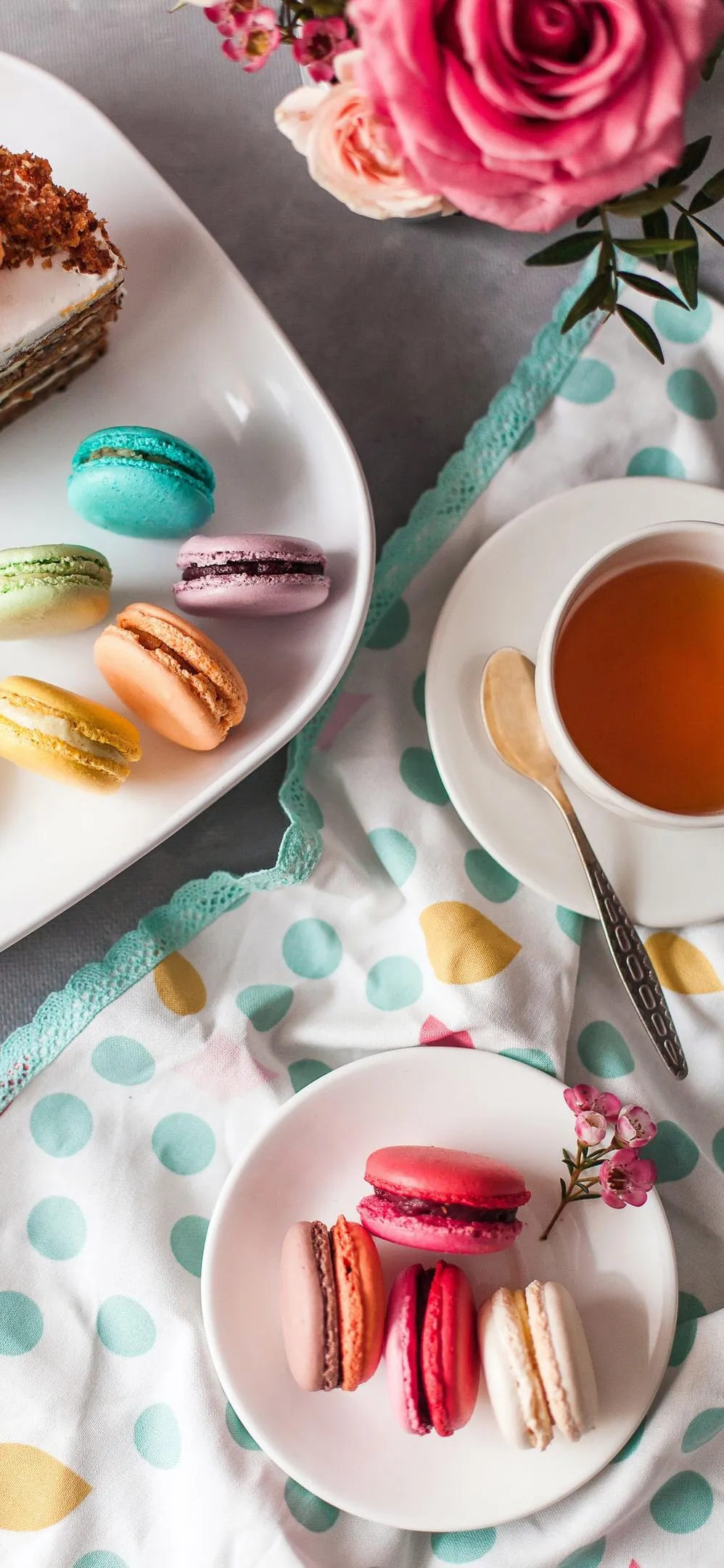 Elegant Tea and Dessert Setup With Roses Wallpaper 4K