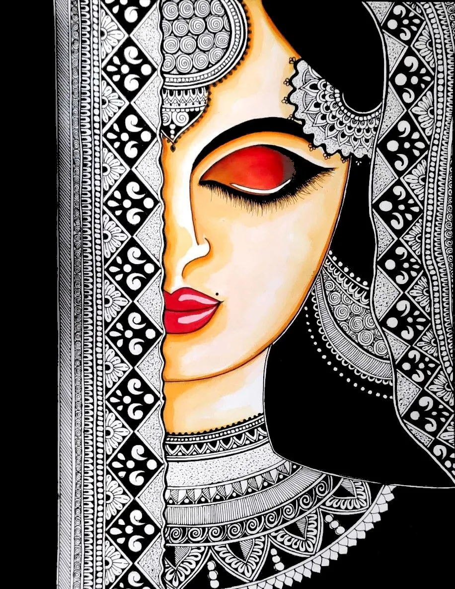 Elegant Woman Portrait With Striking Makeup and Patterns