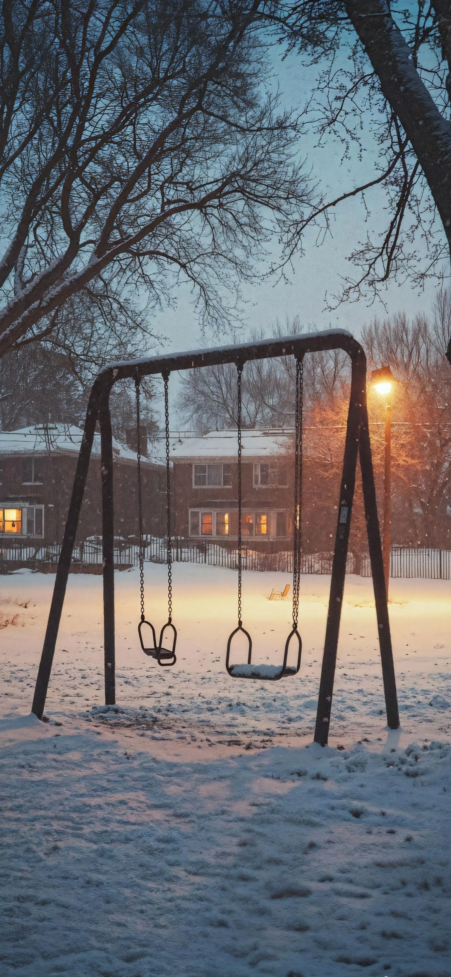 Empty Swings in Park During a Cold Winter Evening Wallpaper