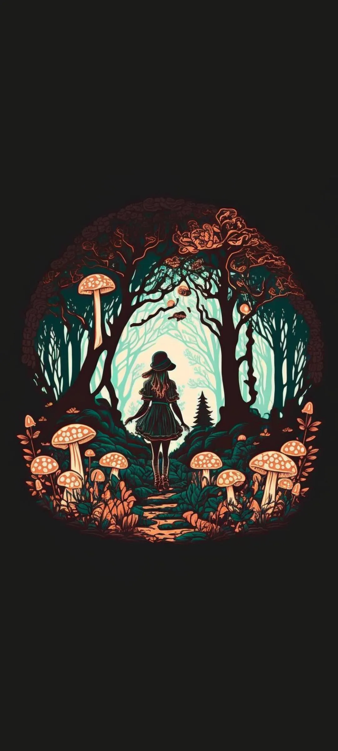 Enchanted Forest Mystery with Glowing Red Mushrooms