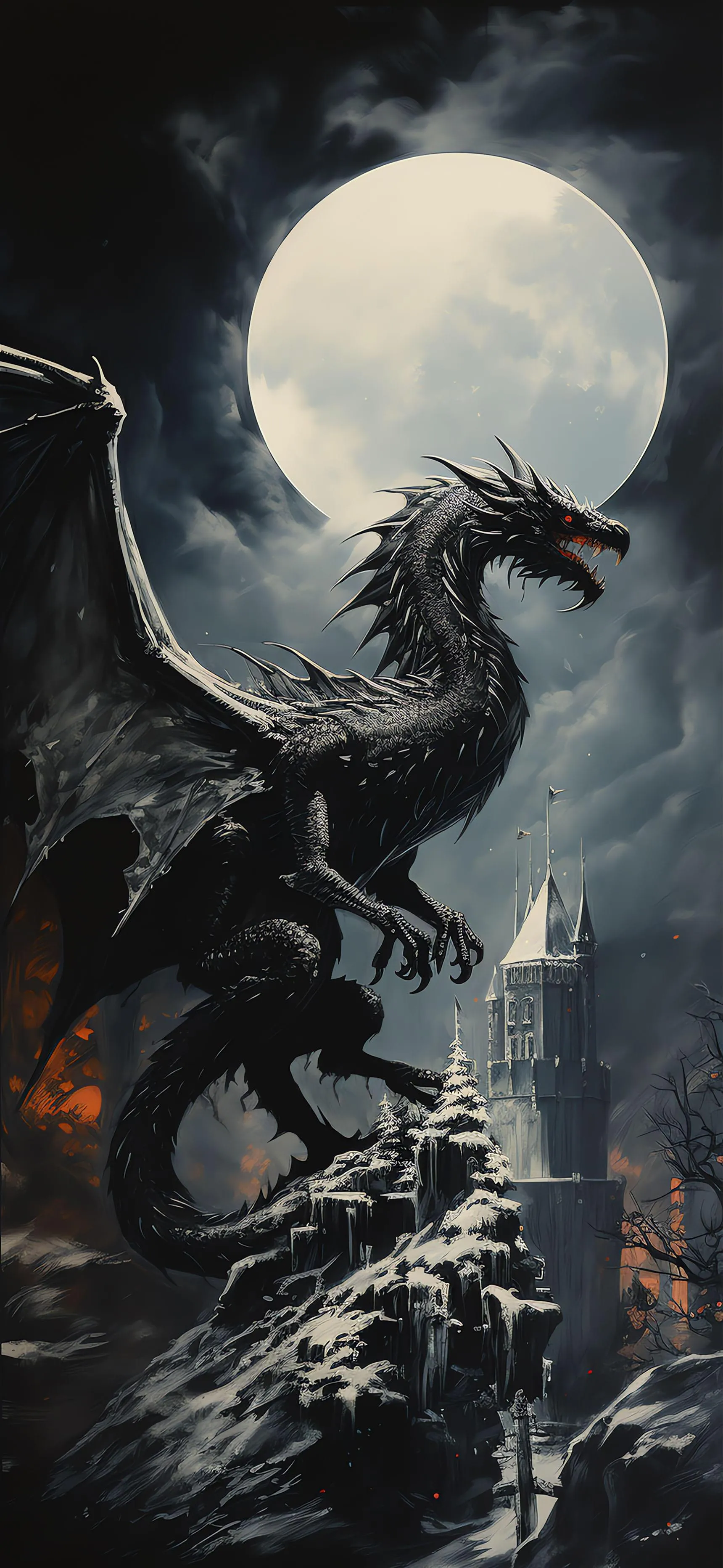 Epic Dragon Flying in Front of Full Moon Over Dark Landscape
