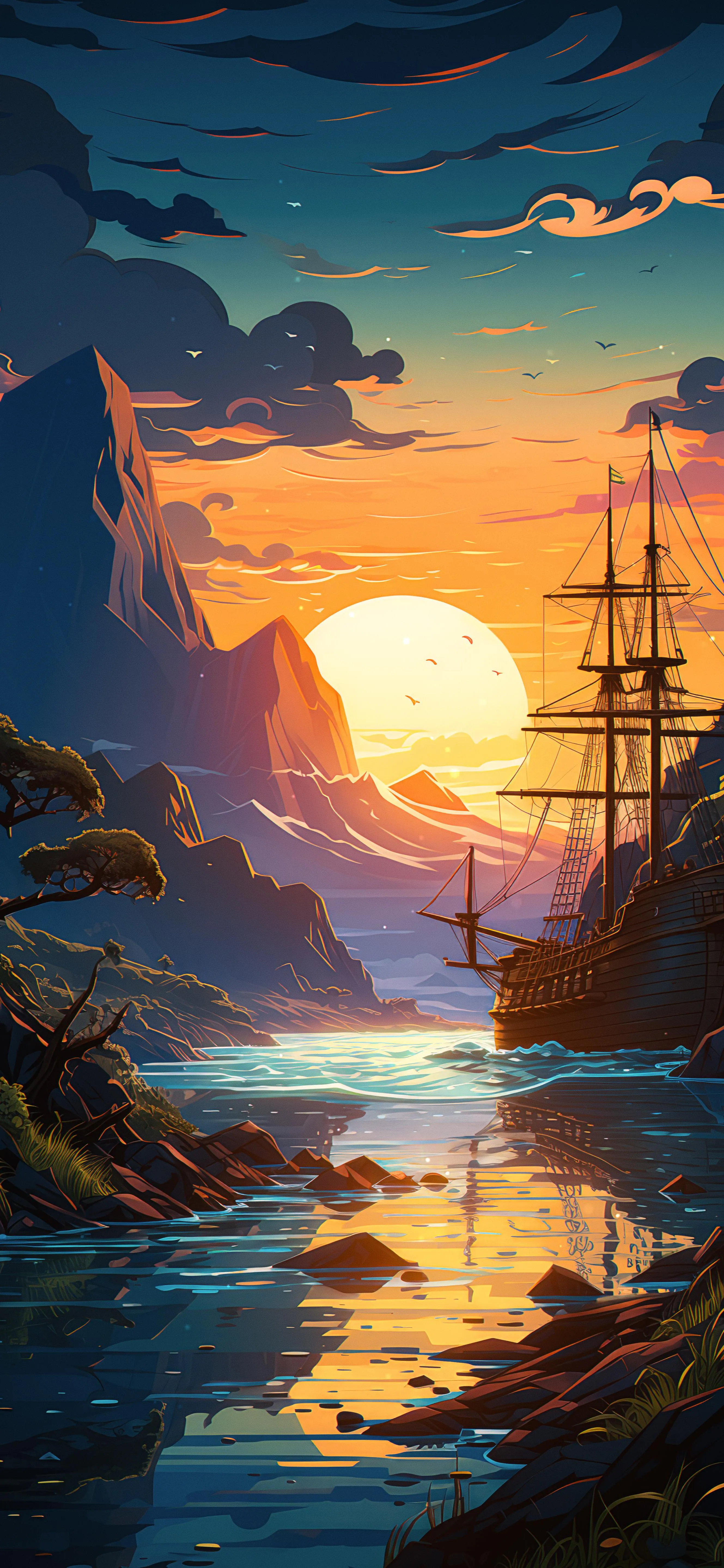 Epic Sunset View with Pirate Ship in Dramatic Ocean Scene