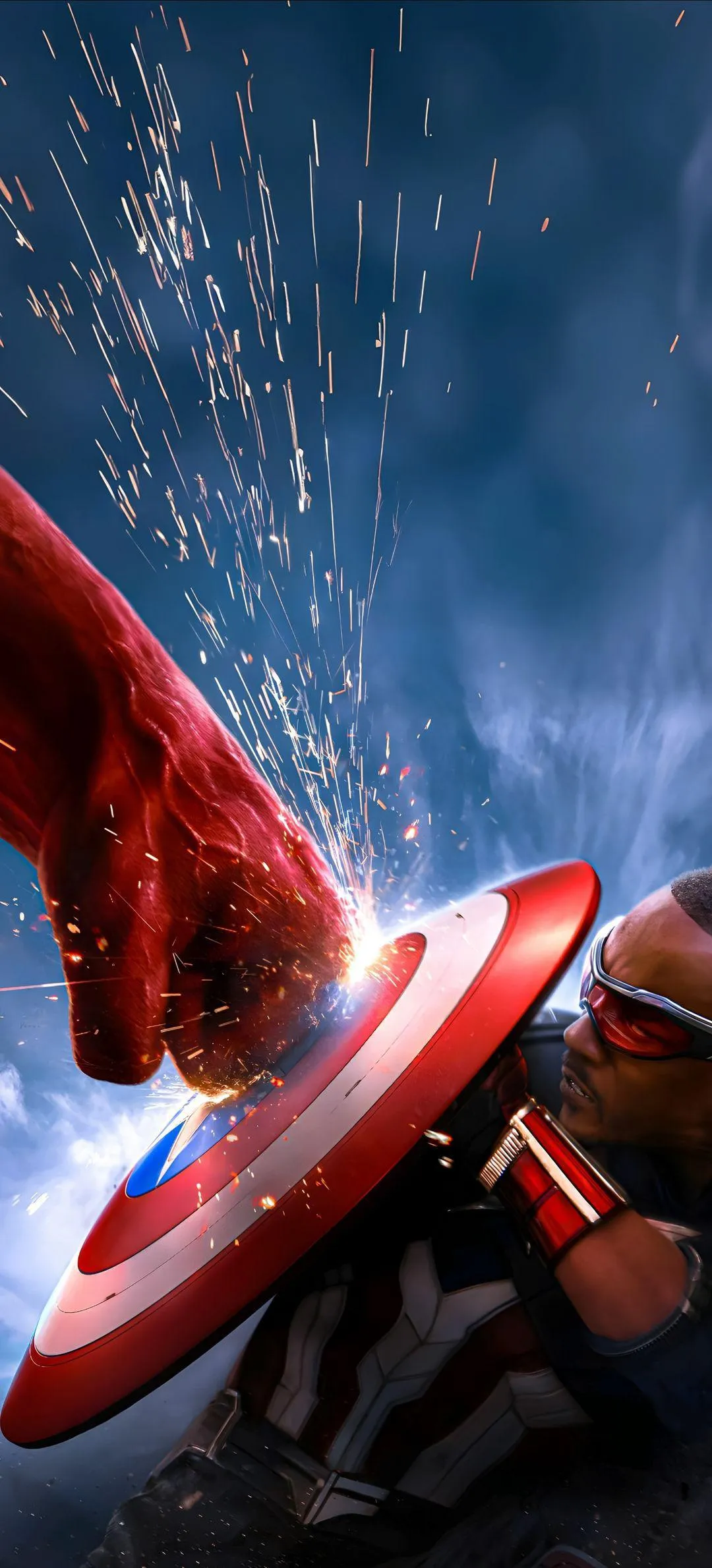 Epic Superhero Clash with Sparks Flying on Vibrant Shield
