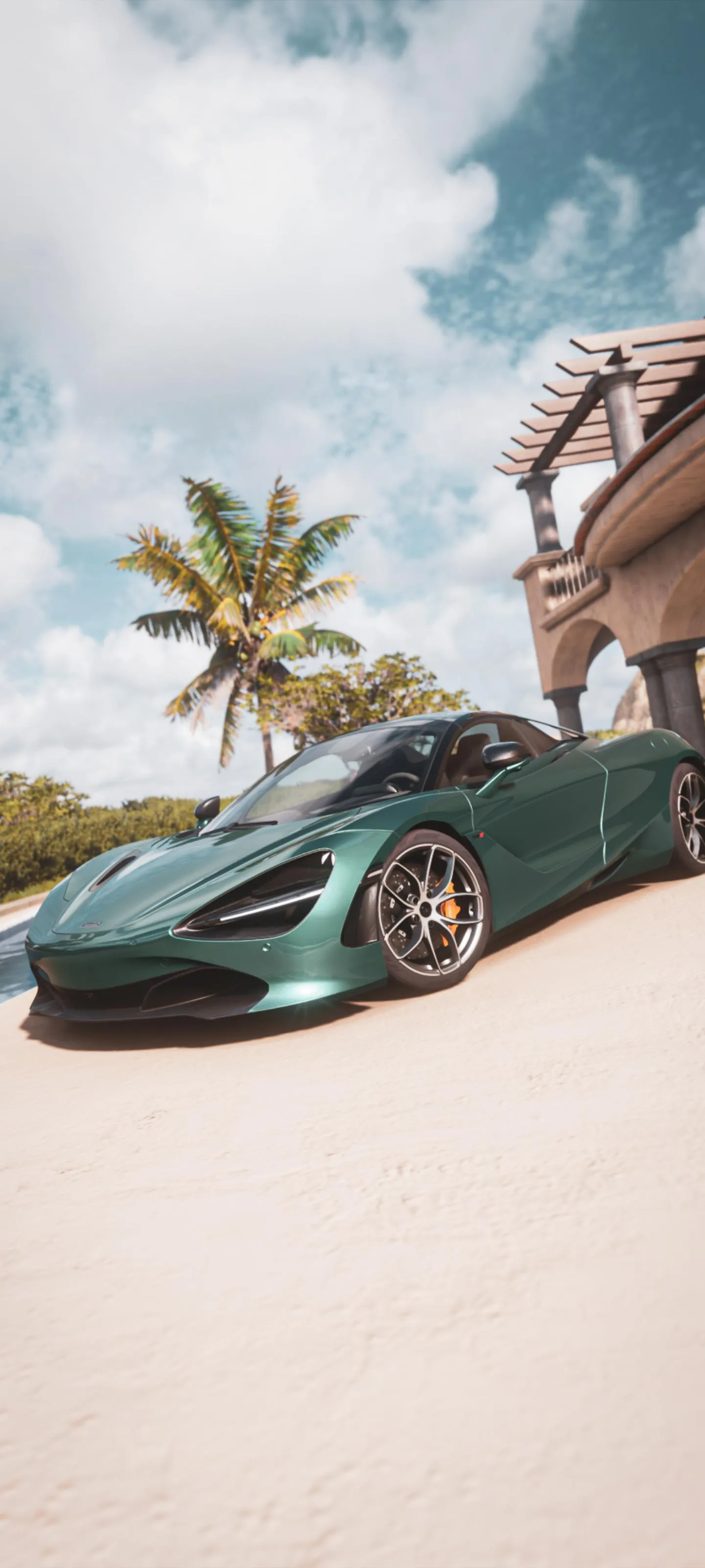 Exotic Sports Car on Sandy Road with Palm Trees Wallpaper
