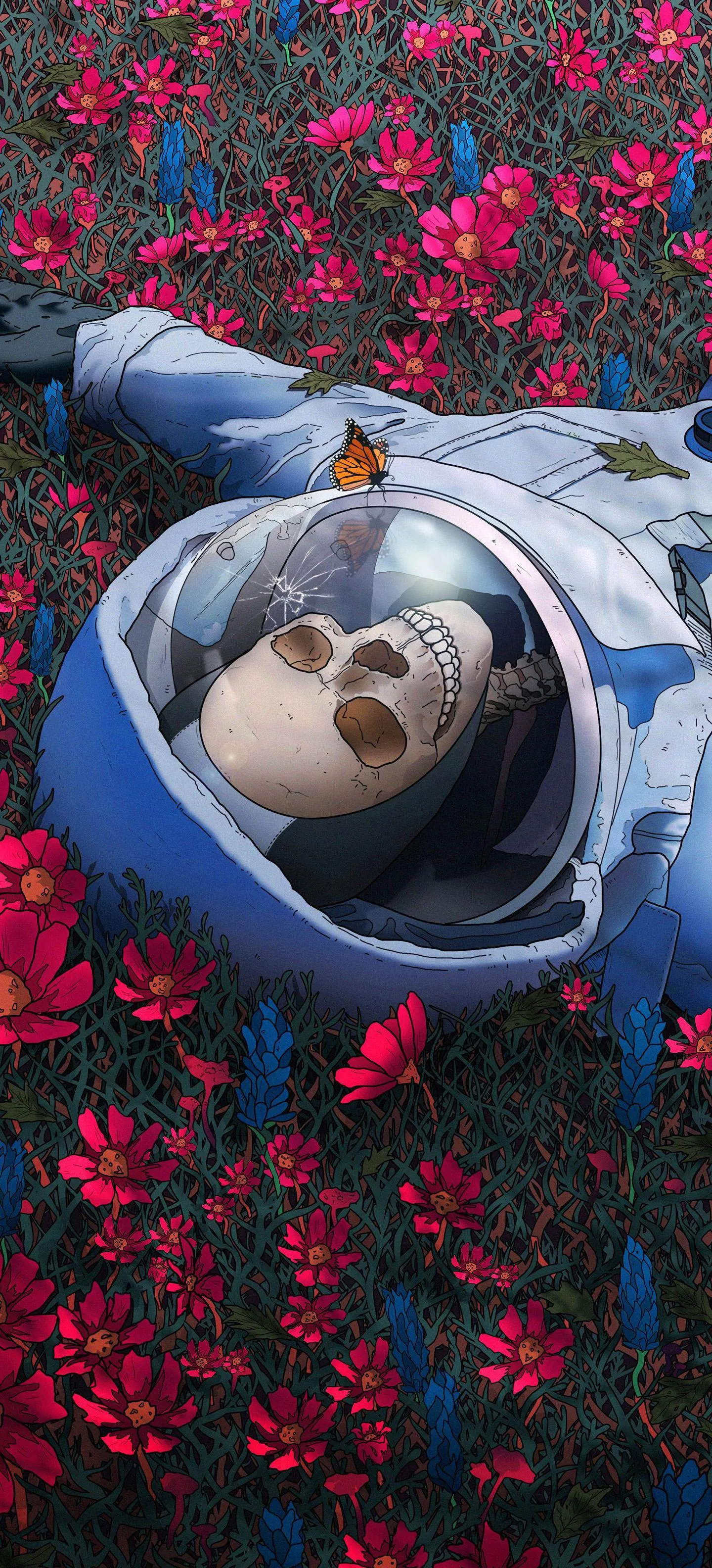 Fallen Astronaut Surrounded by Wildflowers and Broken Helmet