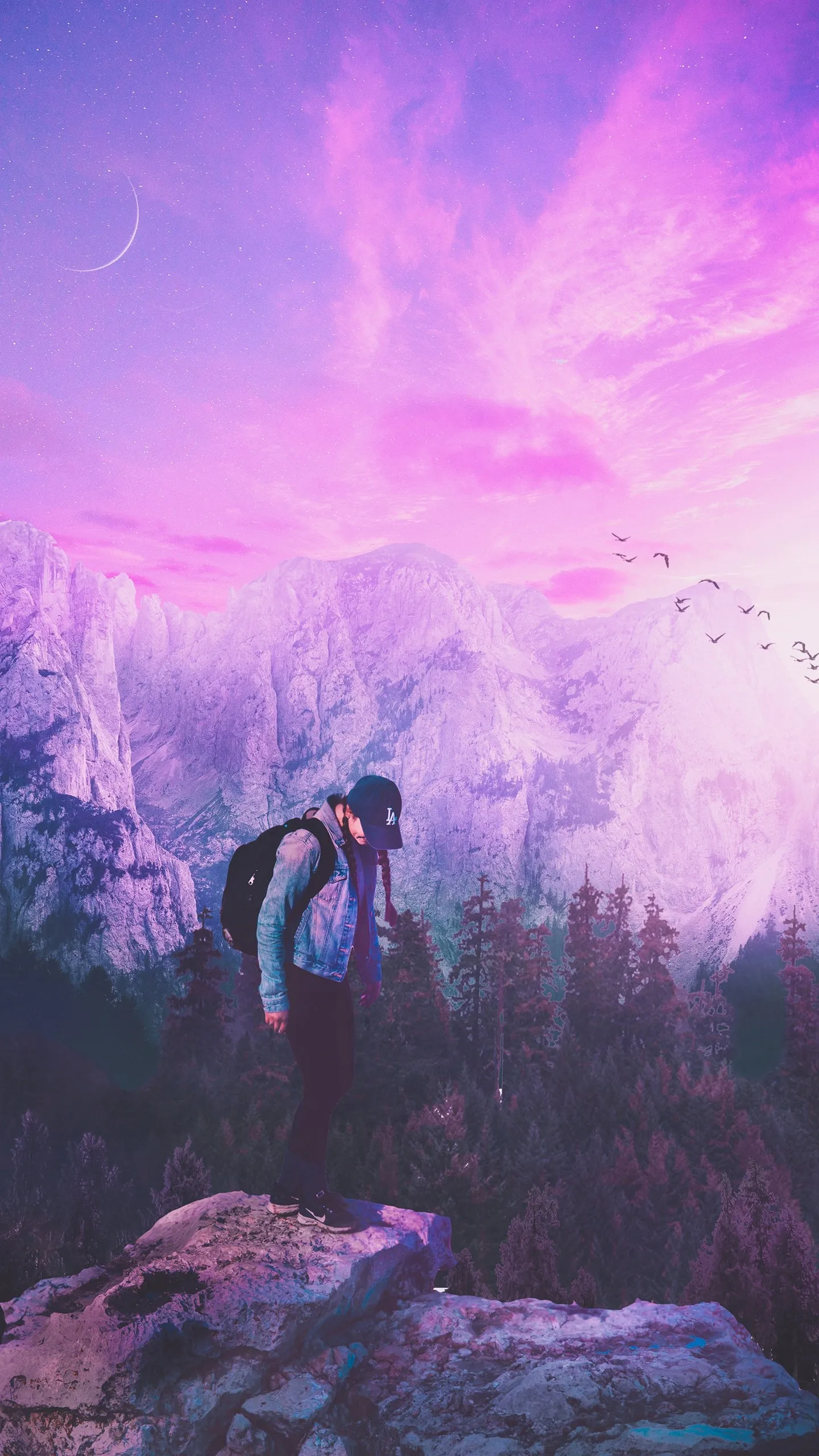 Fantasy Landscape with Glowing Purple Sky with Man Image