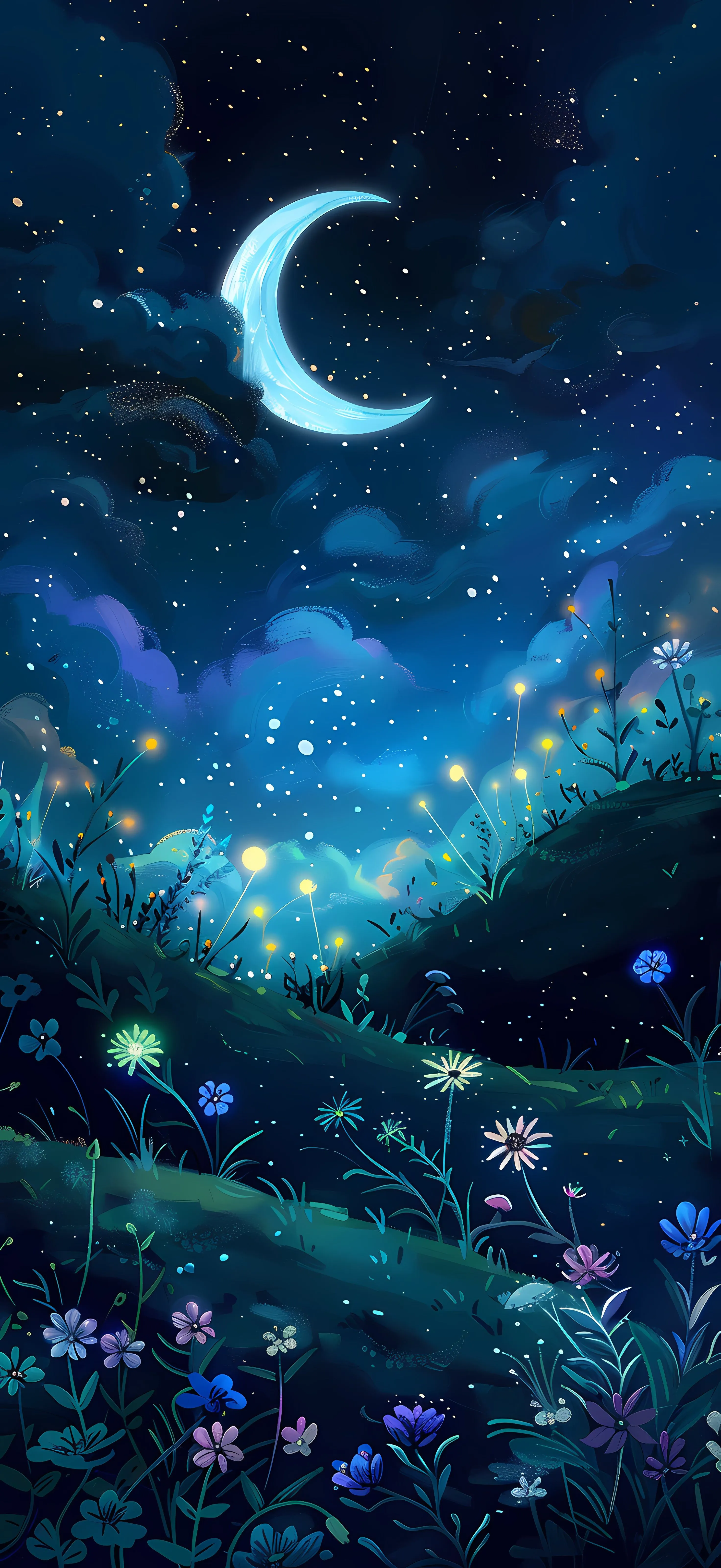Fantasy Night Forest with Glowing Crescent Moon Wallpaper