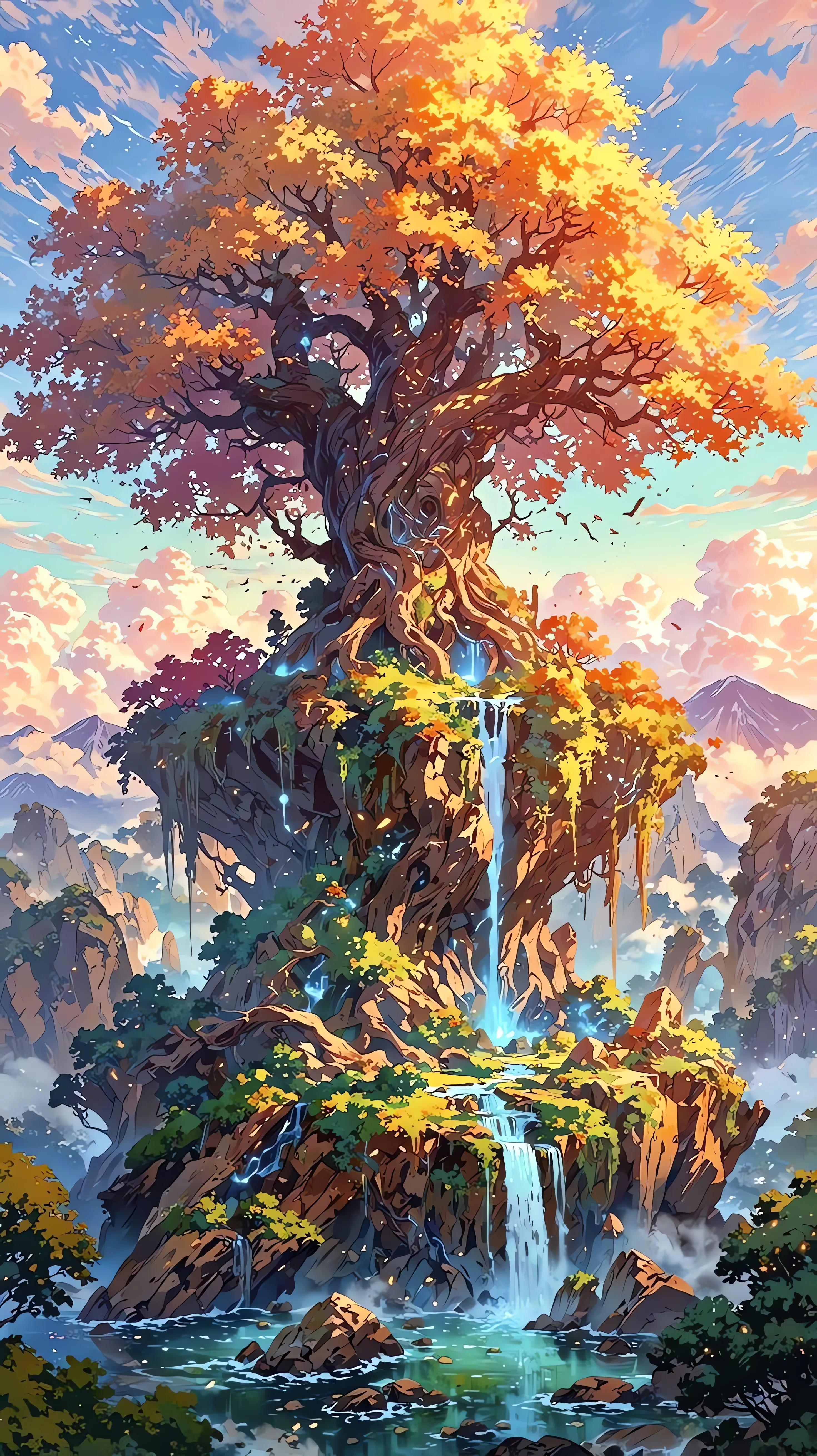 Fantasy Style Autumn Tree with Colorful Leaves Wallpaper