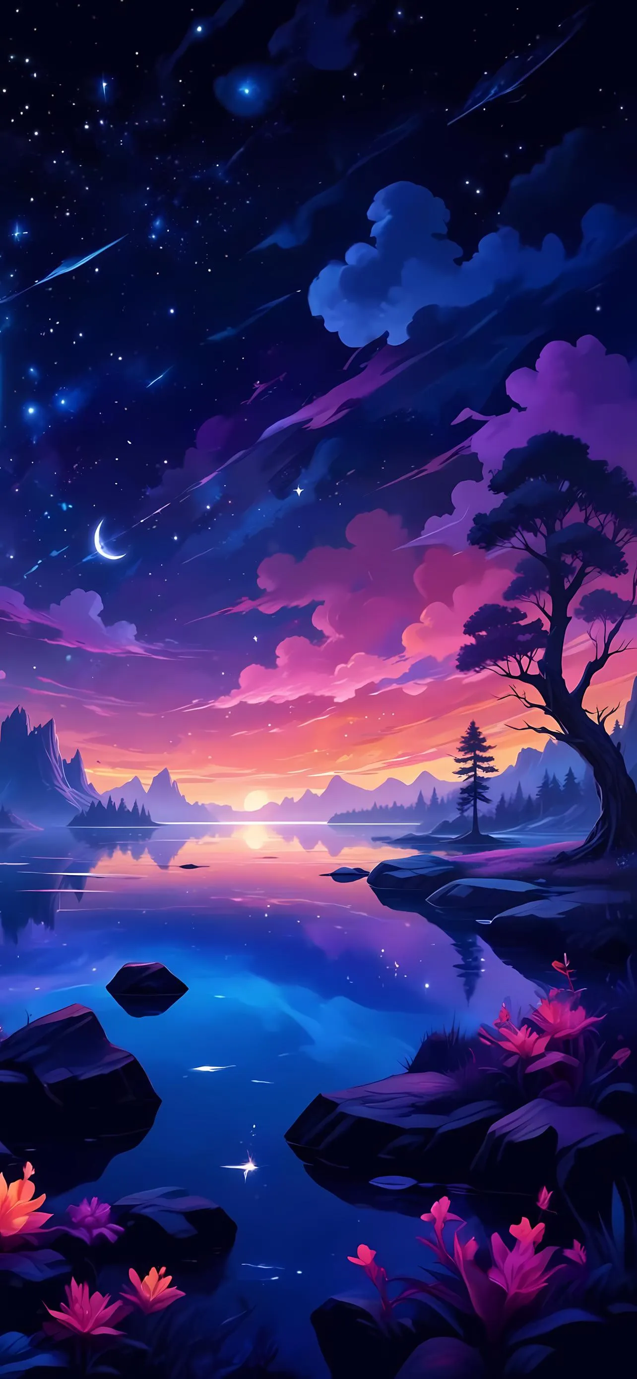 Fantasy Sunset with Stars Over a Dreamlike Ocean Wallpaper