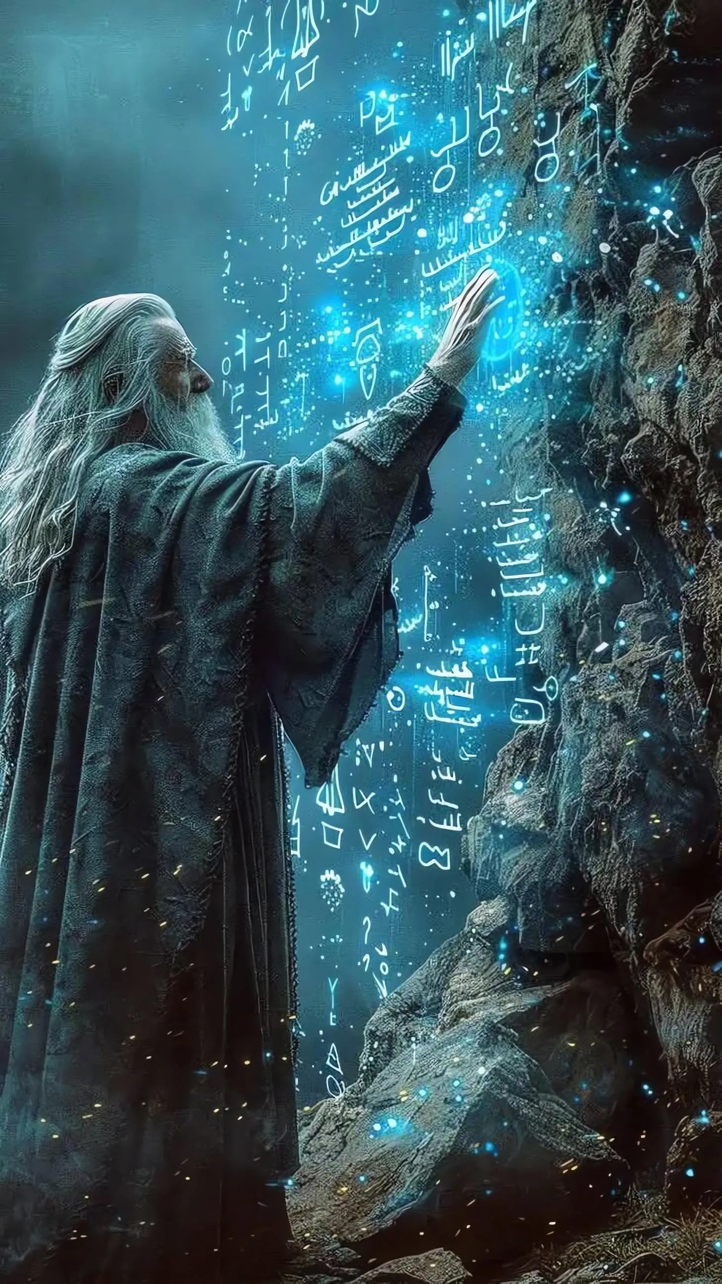 Fantasy Wizard Casting Magic Spell with Blue Energy