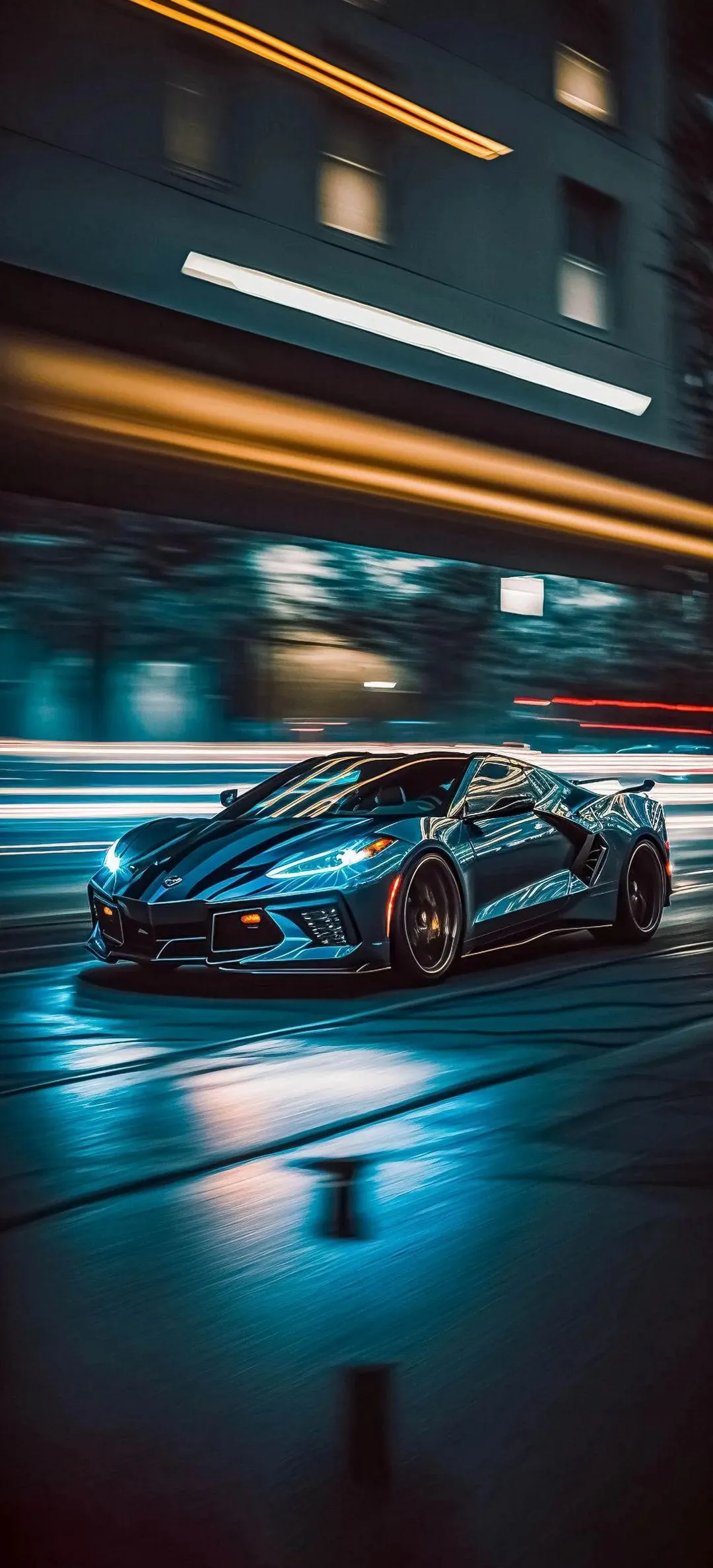 Fast Blue Car at Night Mobile Wallpaper City Drive