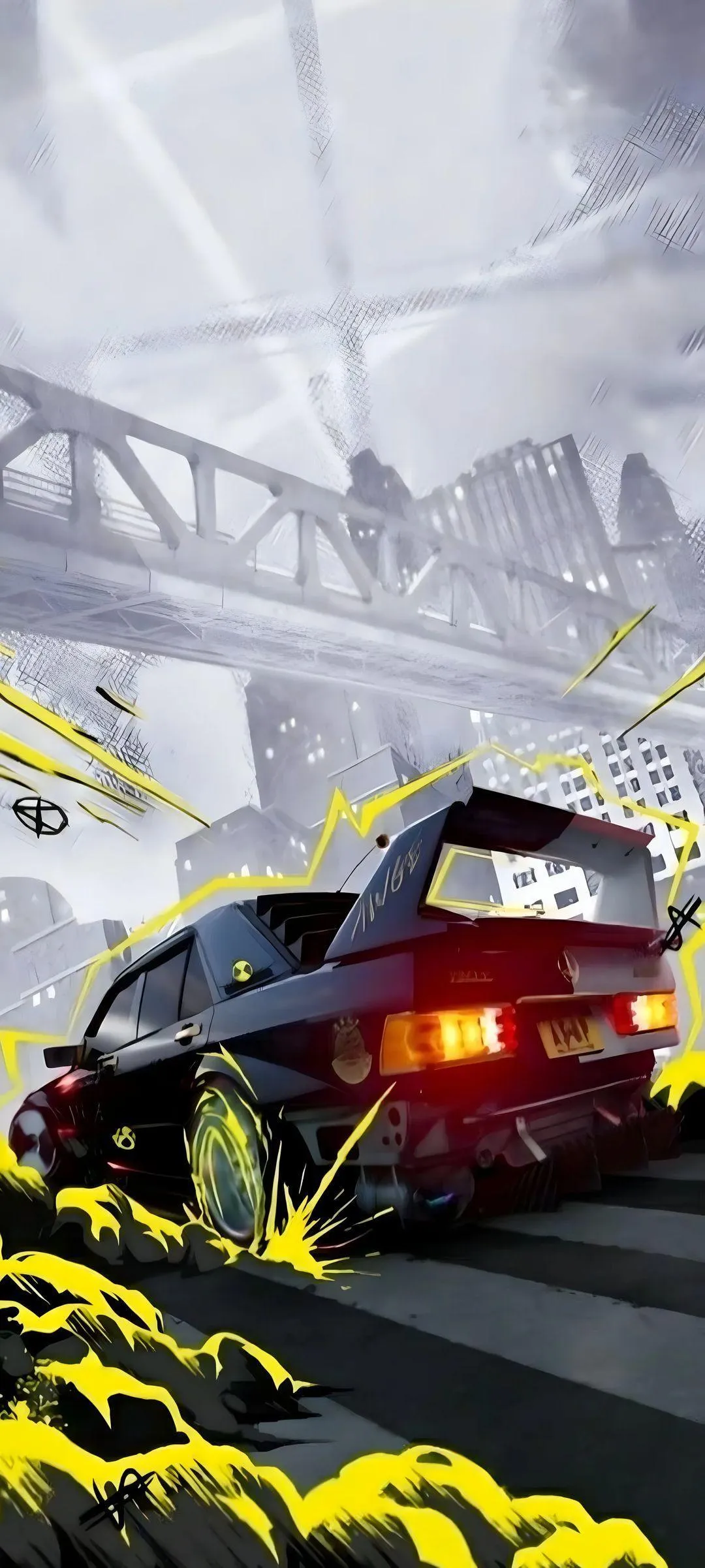 Fast Modern Car Passing Through Industrial Scene Wallpaper