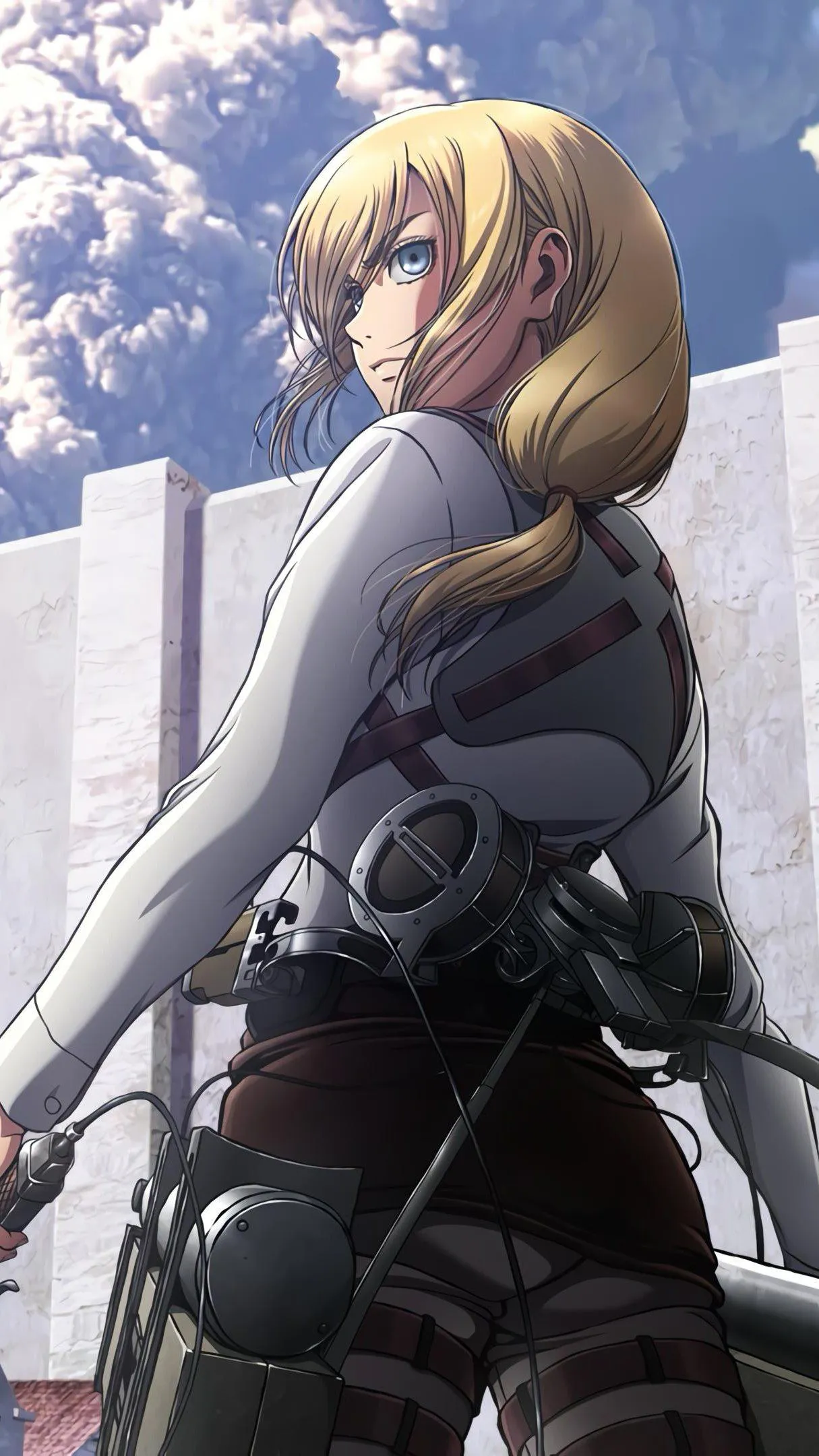 Female Warrior Standing in Snowy Scene with Silver Armor