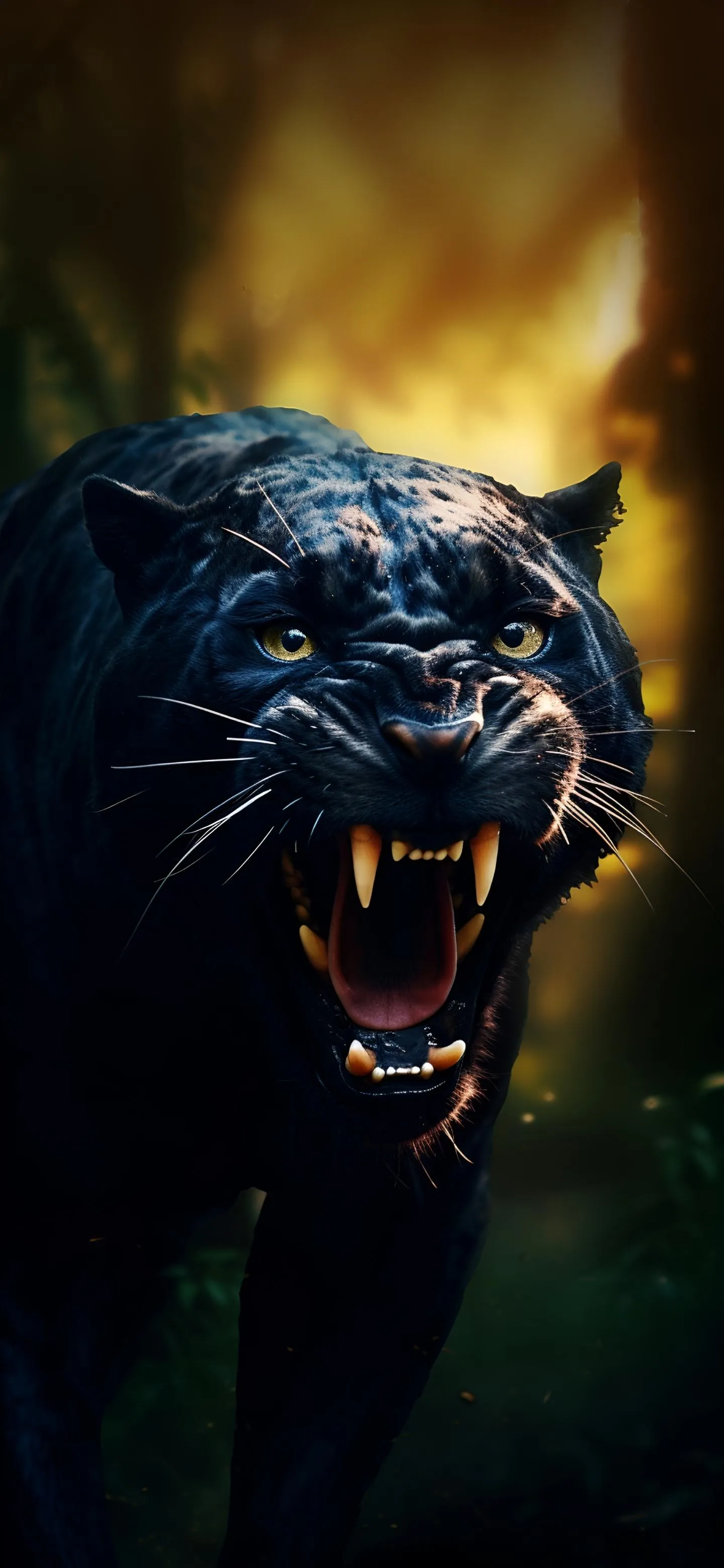 Ferocious Black Panther Growling with Bright Eyes Wallpaper