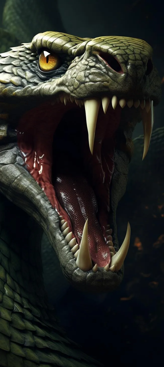 Ferocious Snake Roaring in Dark Jungle Close View Wallpaper