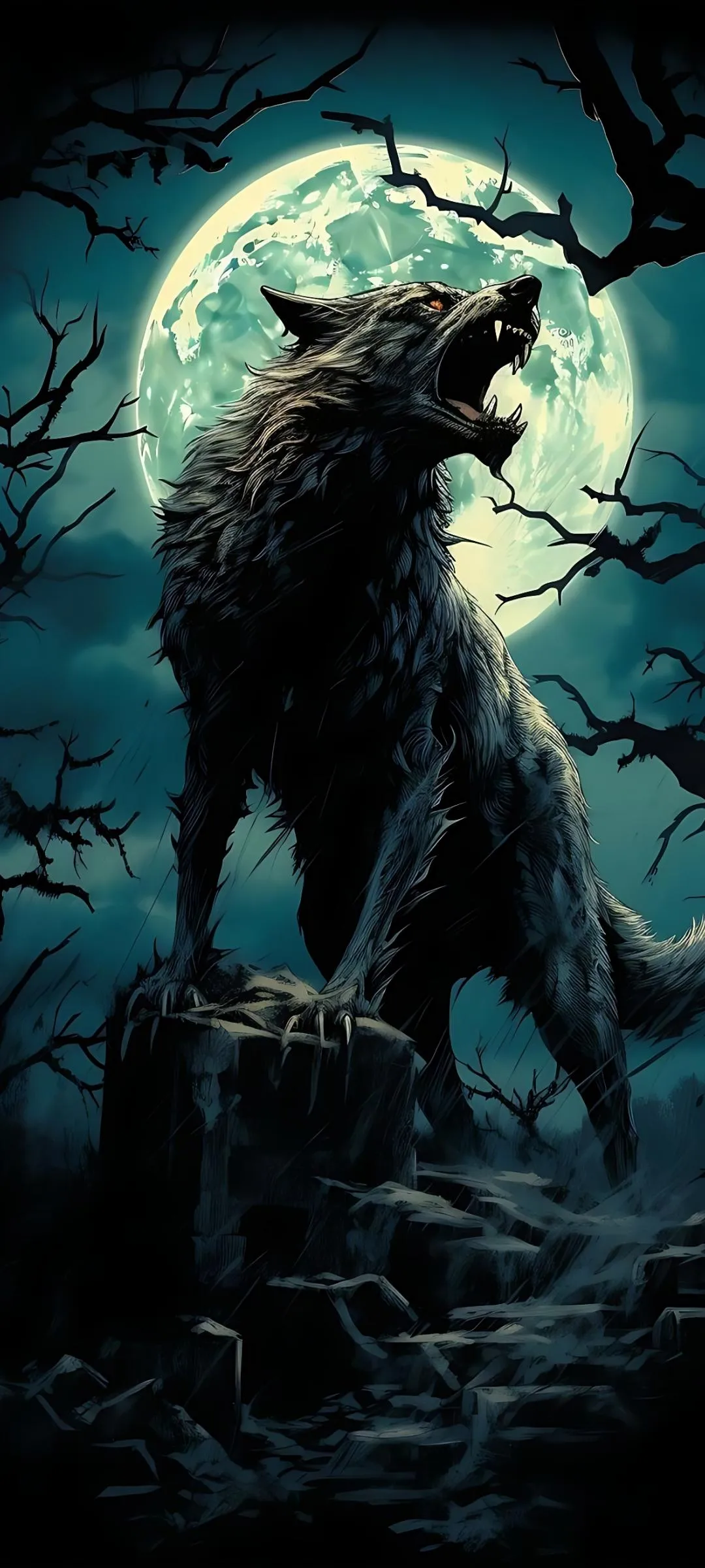 Ferocious Werewolf Howling Under Full Moon in Dark Forest