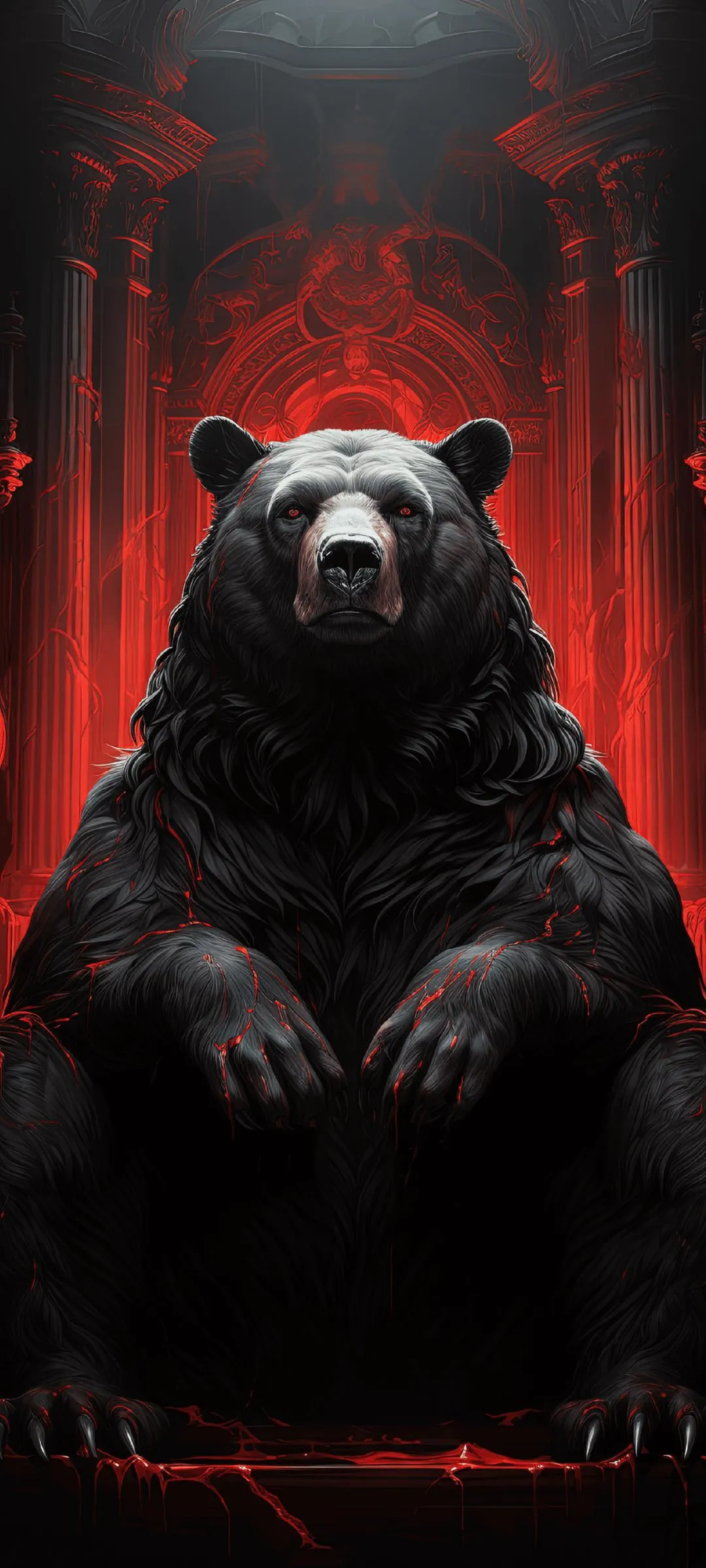 Fierce Bear Sitting In Dark Forest With Red Lighting