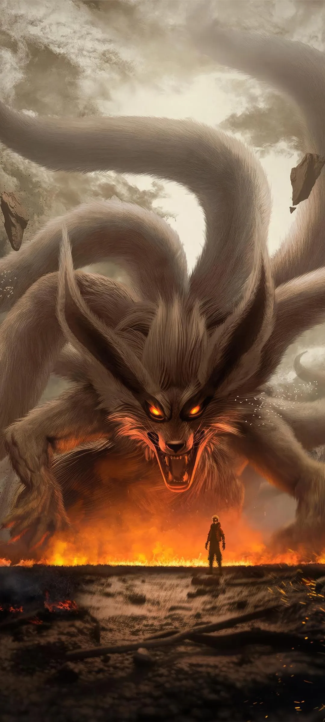 Fierce Beast Rising in Flames Facing a Lone Warrior Image