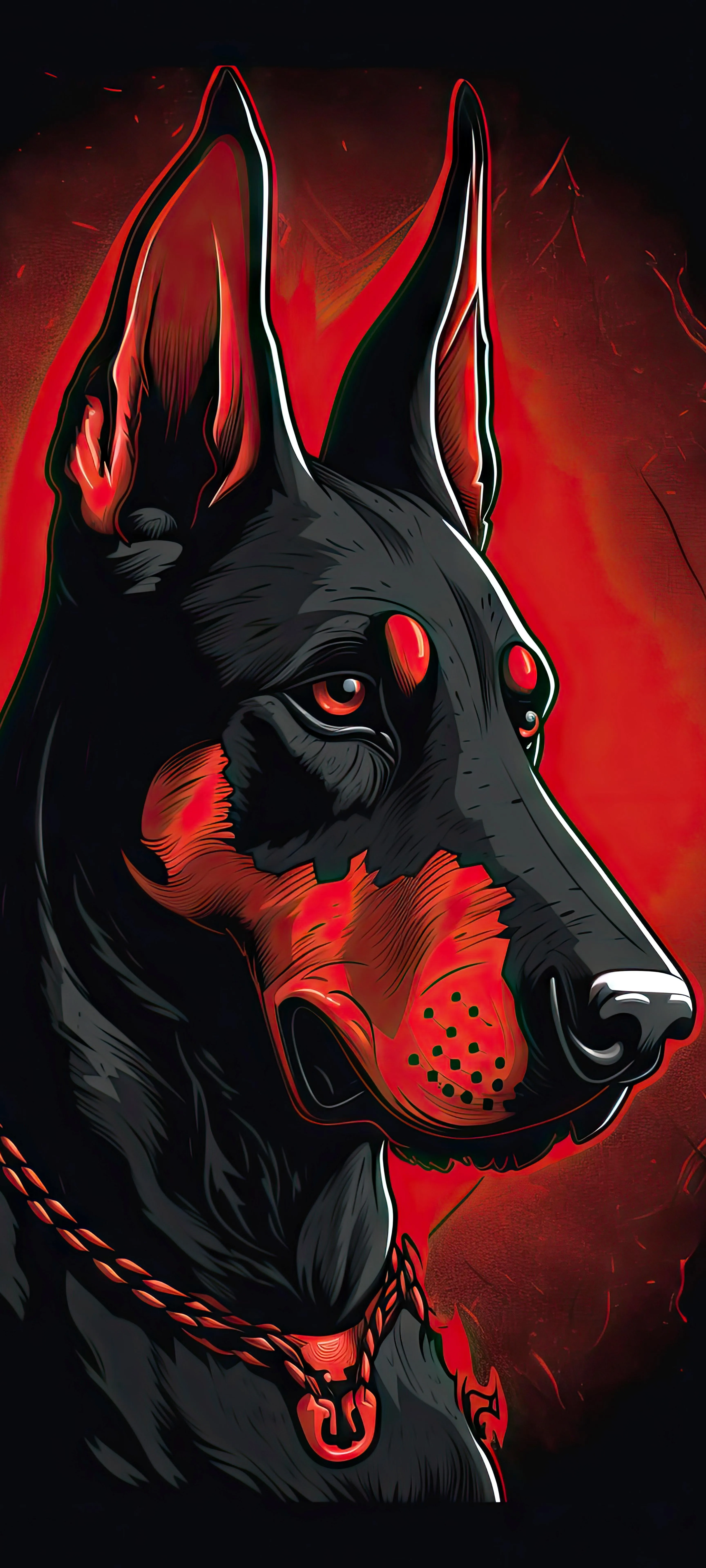 Fierce Black Doberman Dog with Red Background Artistic Style