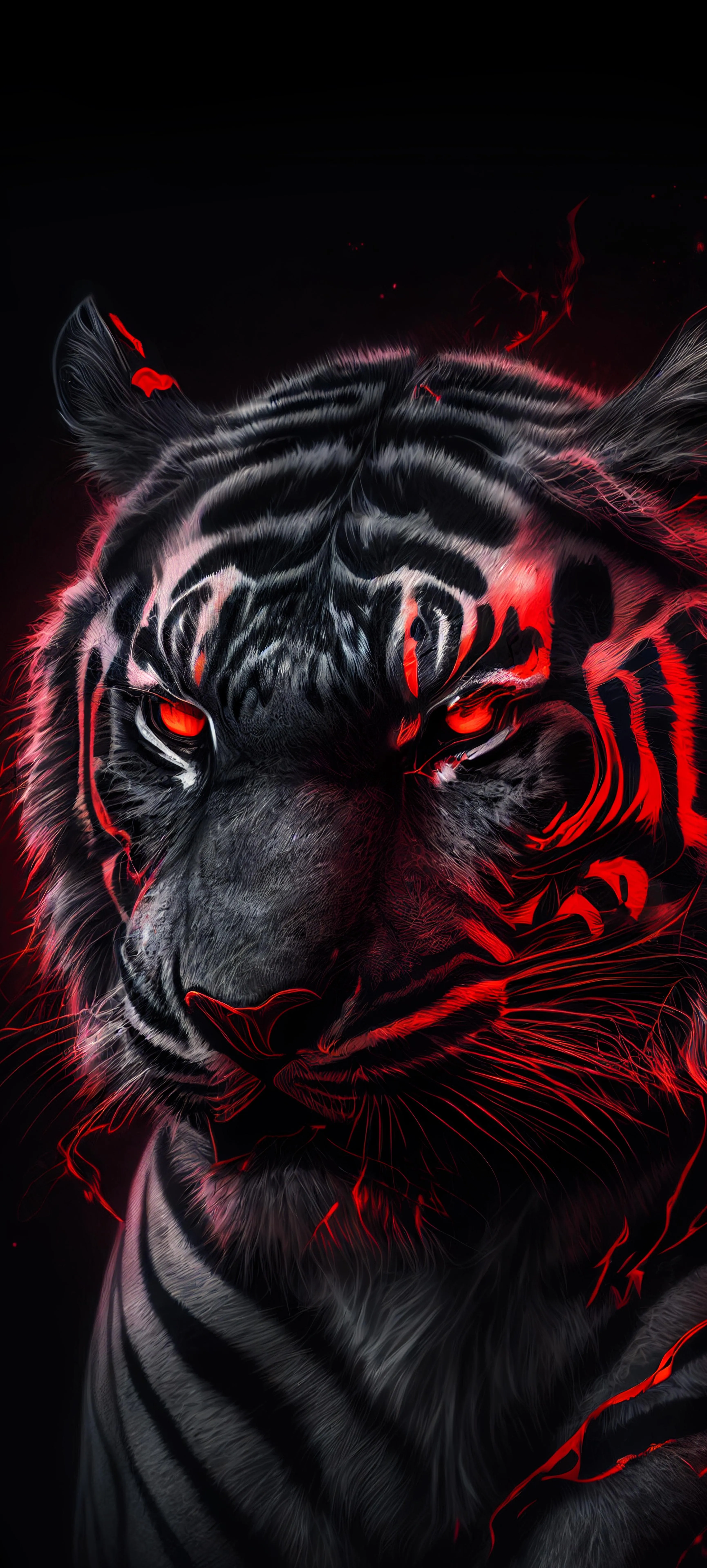 Fierce Black Tiger with Red Glowing Eyes and Aura Wallpaper