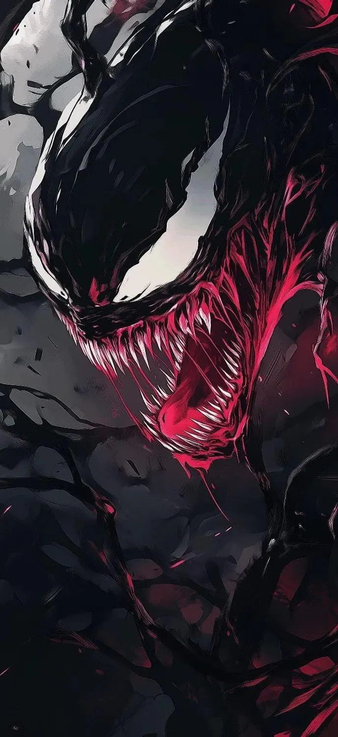 Fierce Black Venom Creature With Red Eyes and Teeth