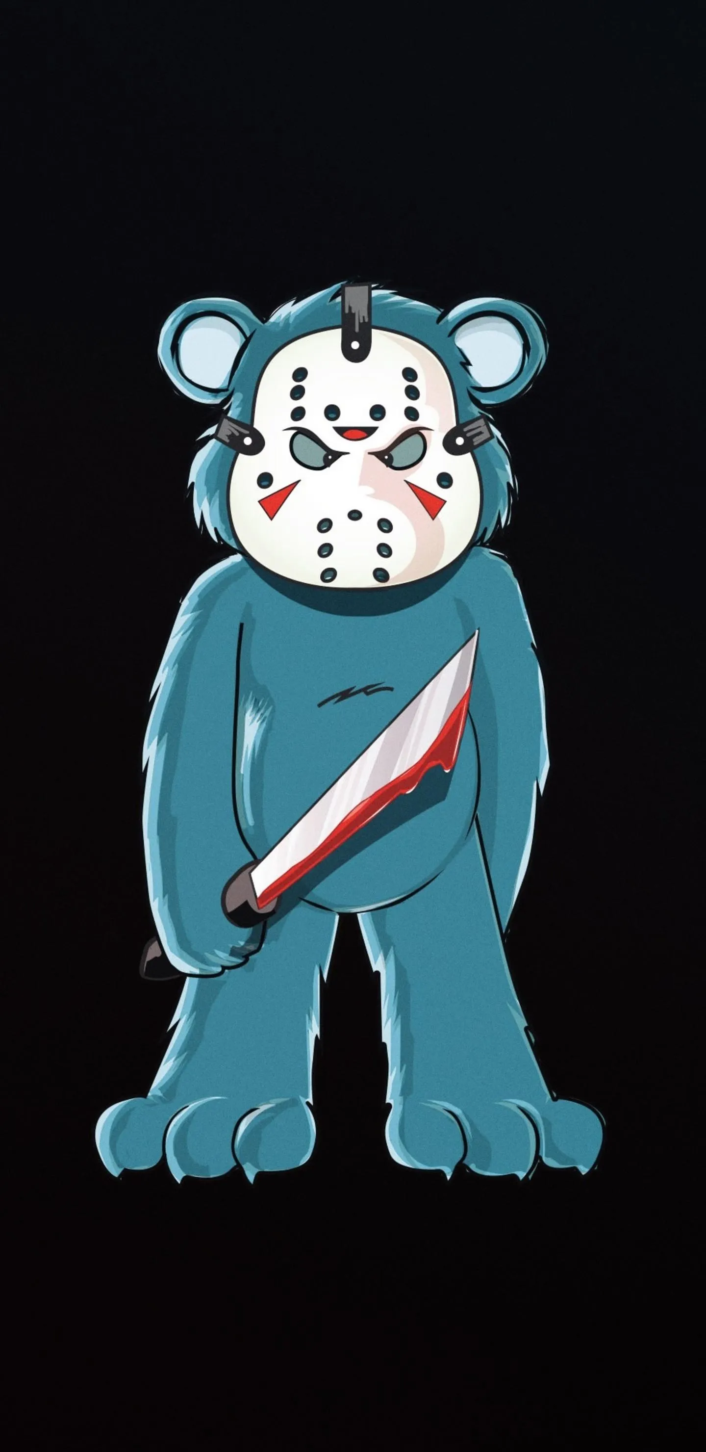 Fierce Blue Bear Wears Mask and Holds Bloody Knife