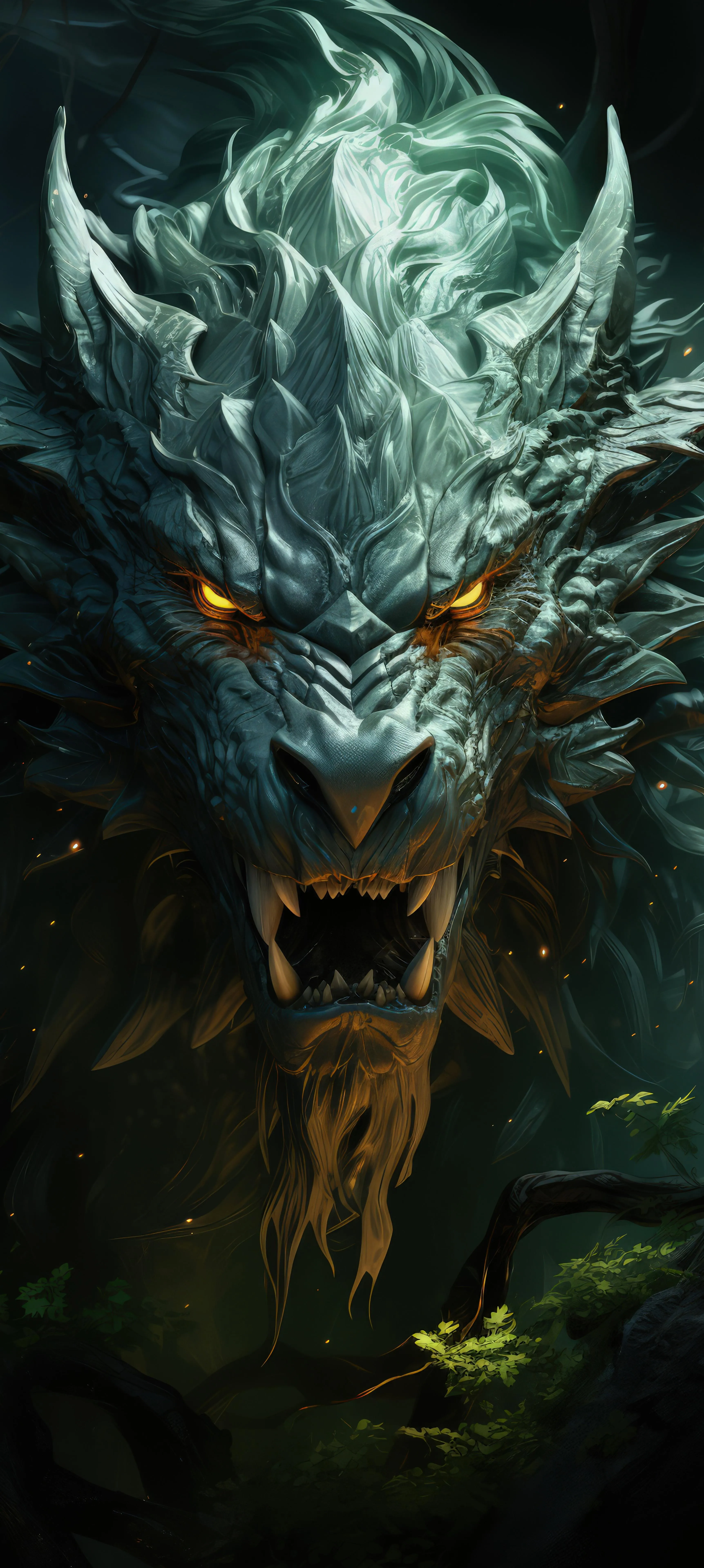 Fierce Dragon Head Emerging from Dark Green Forest Image