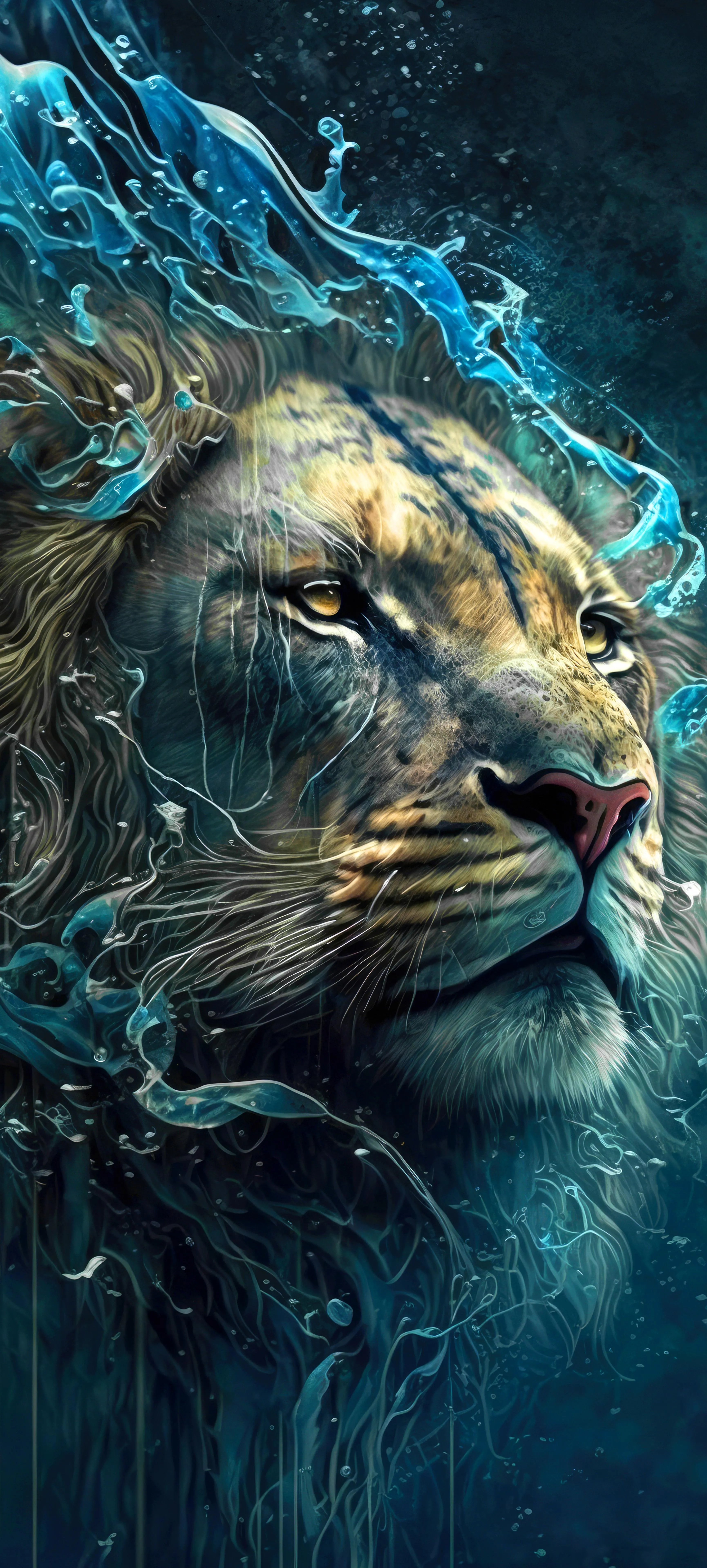 Fierce Lion Head in Blue Lightning Digital Art Design