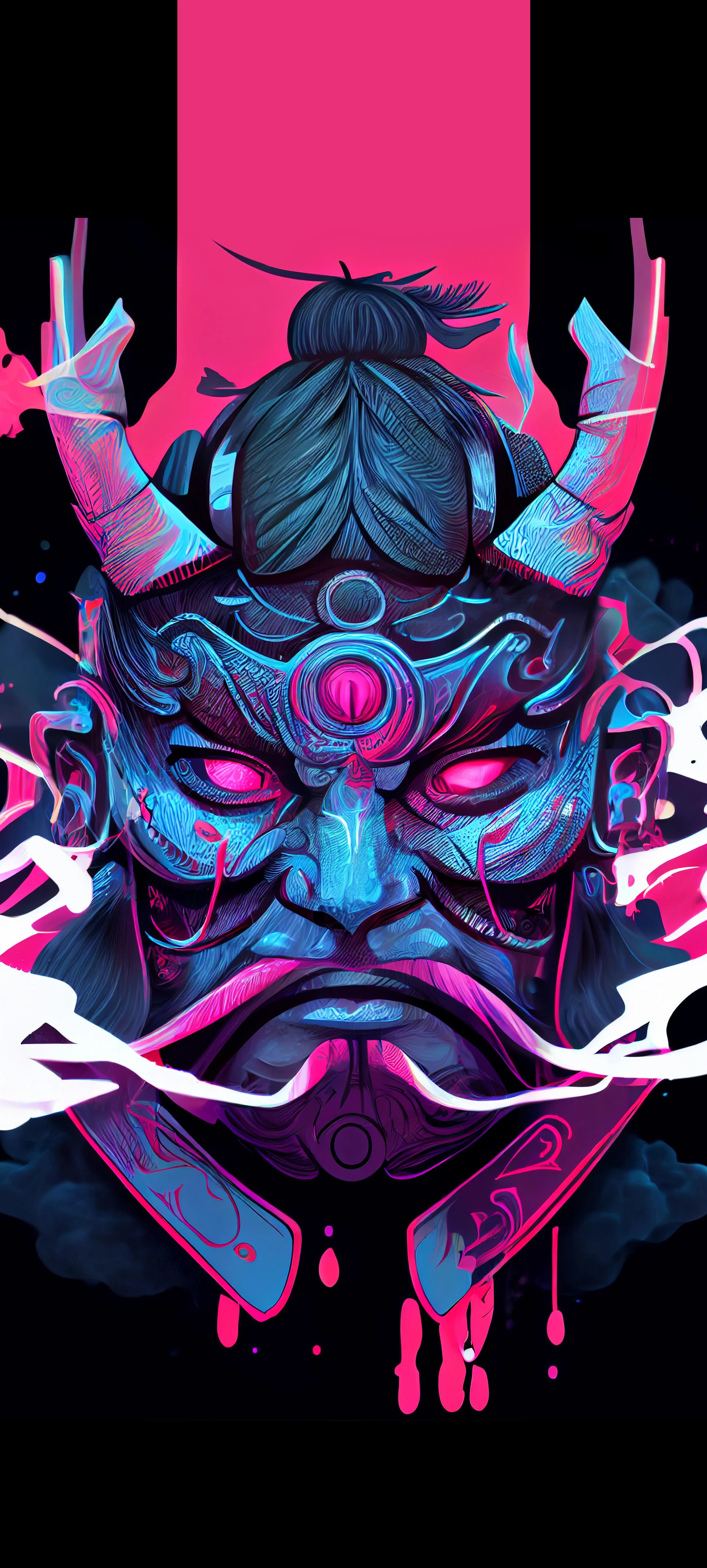 Fierce Masked Samurai Art with Pink and Blue Colors Image