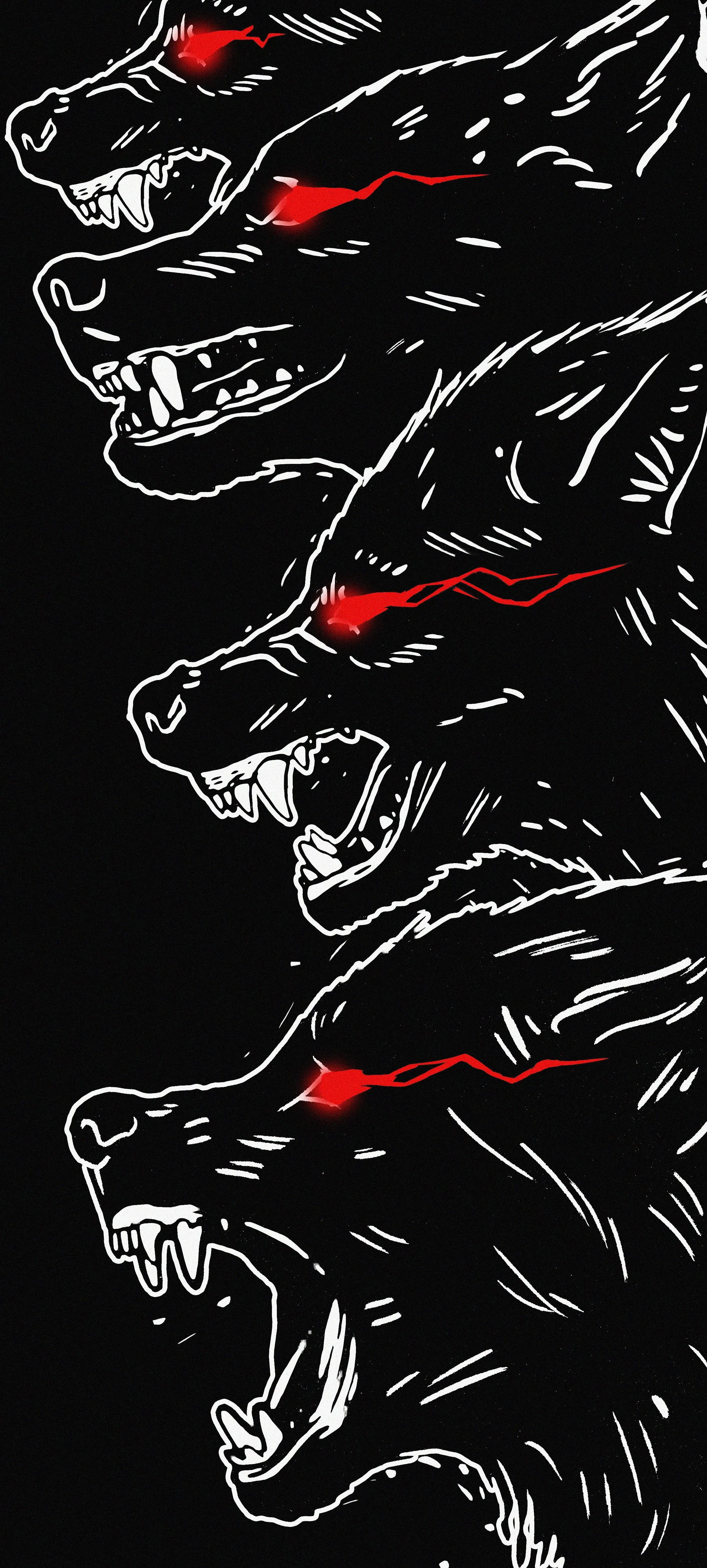 Fierce Red Eyed Wolves in High Contrast Dark Design