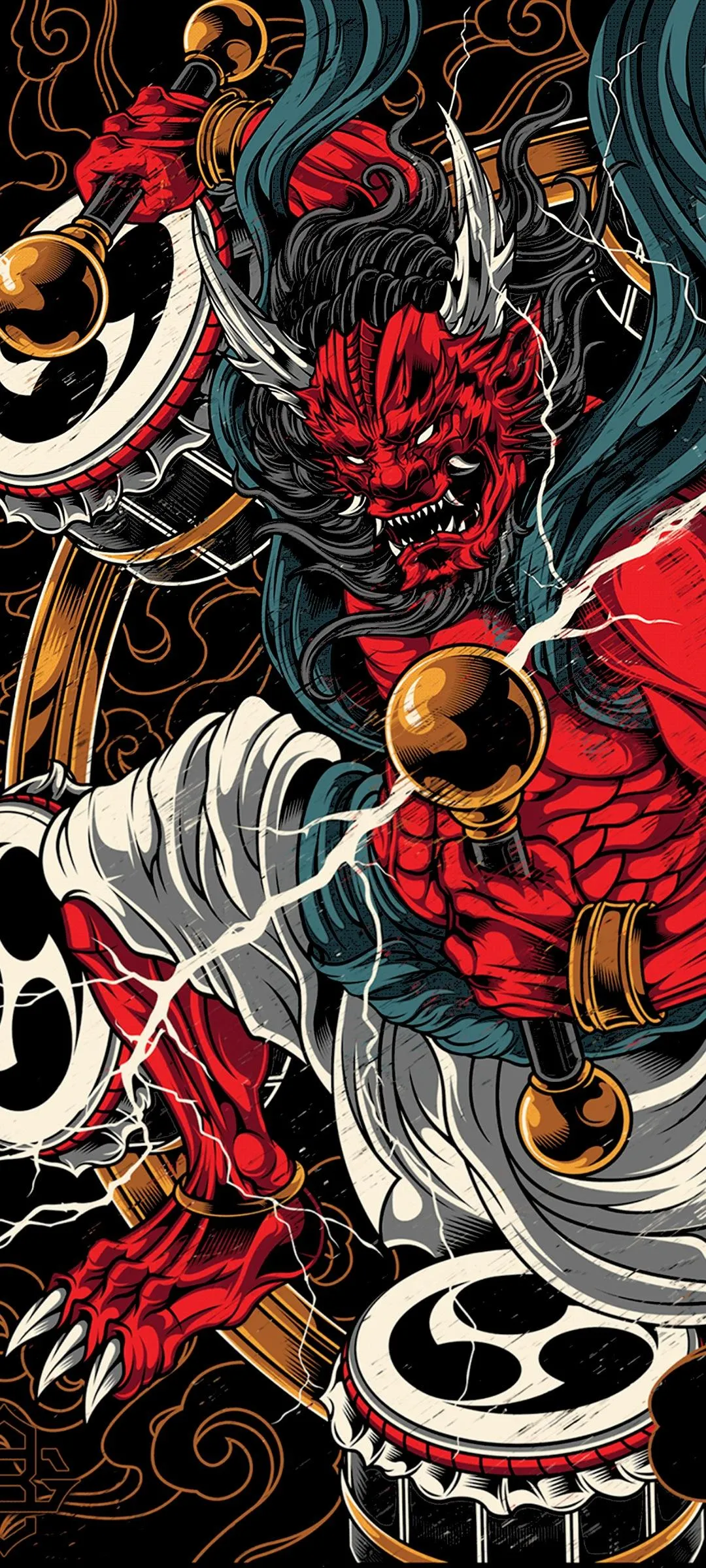 Fierce Red Oni Warrior Playing Thunder Drums in Intense Battle