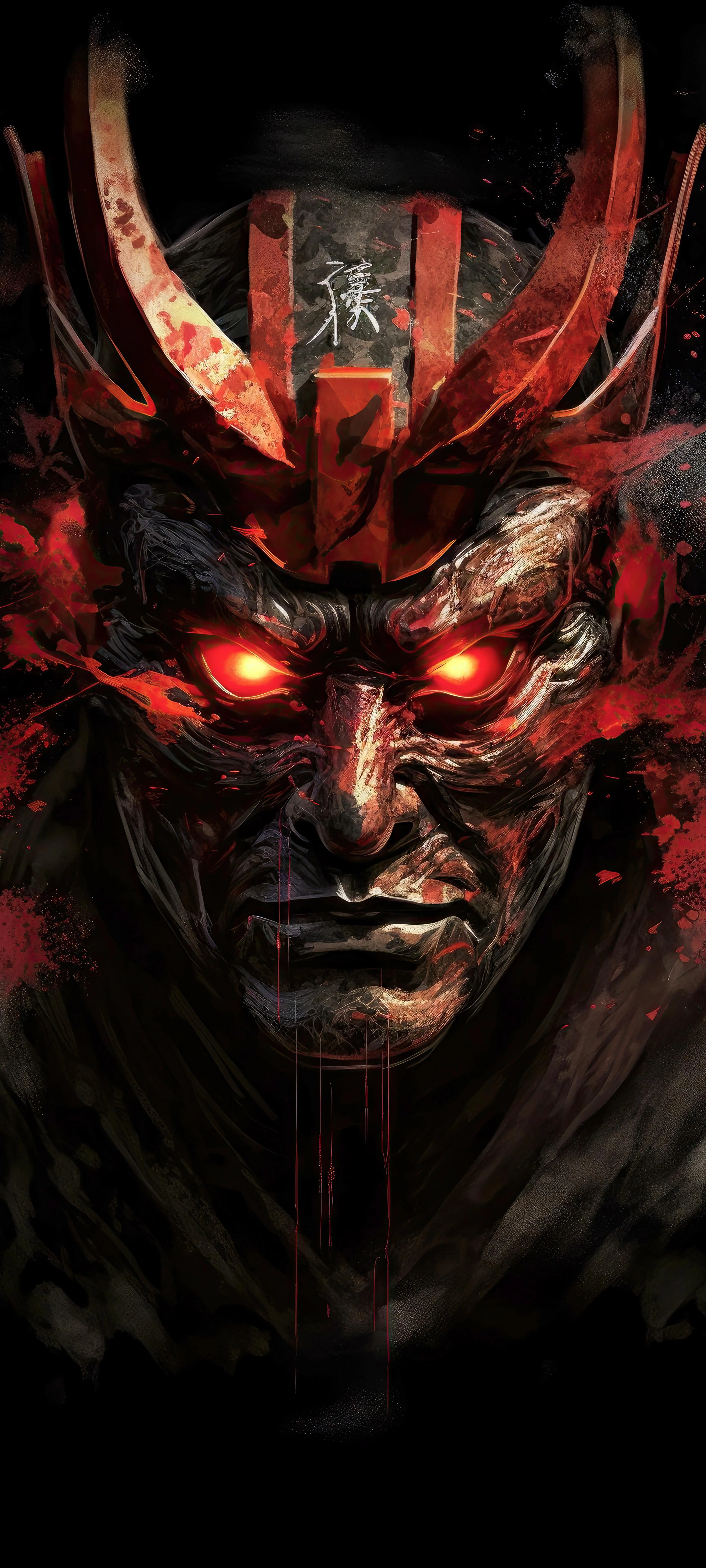 Fierce Samurai Warrior Portrait with Red Glowing Eyes