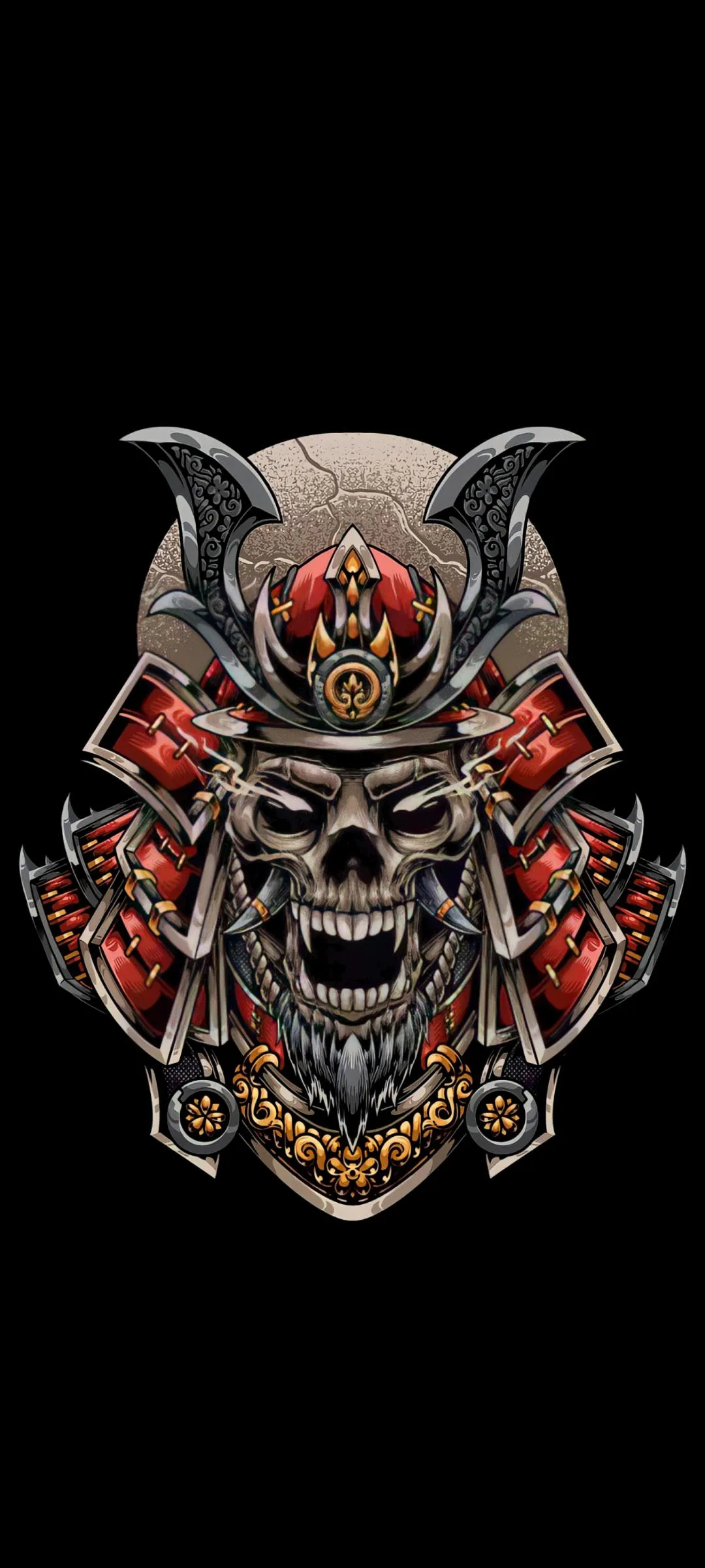 Fierce Skull Samurai Mask with Red Armor and Sharp Blades