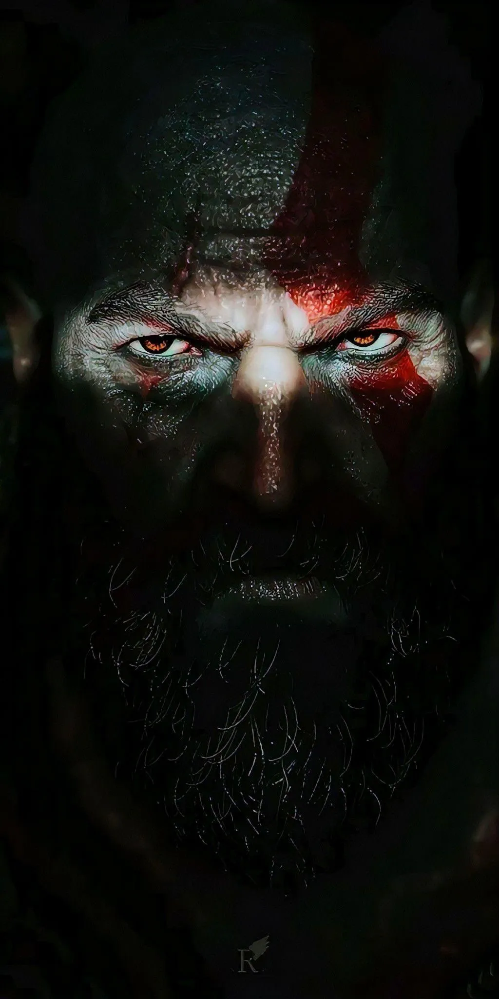 Fierce Warrior Face Emerging from Red Fiery Darkness