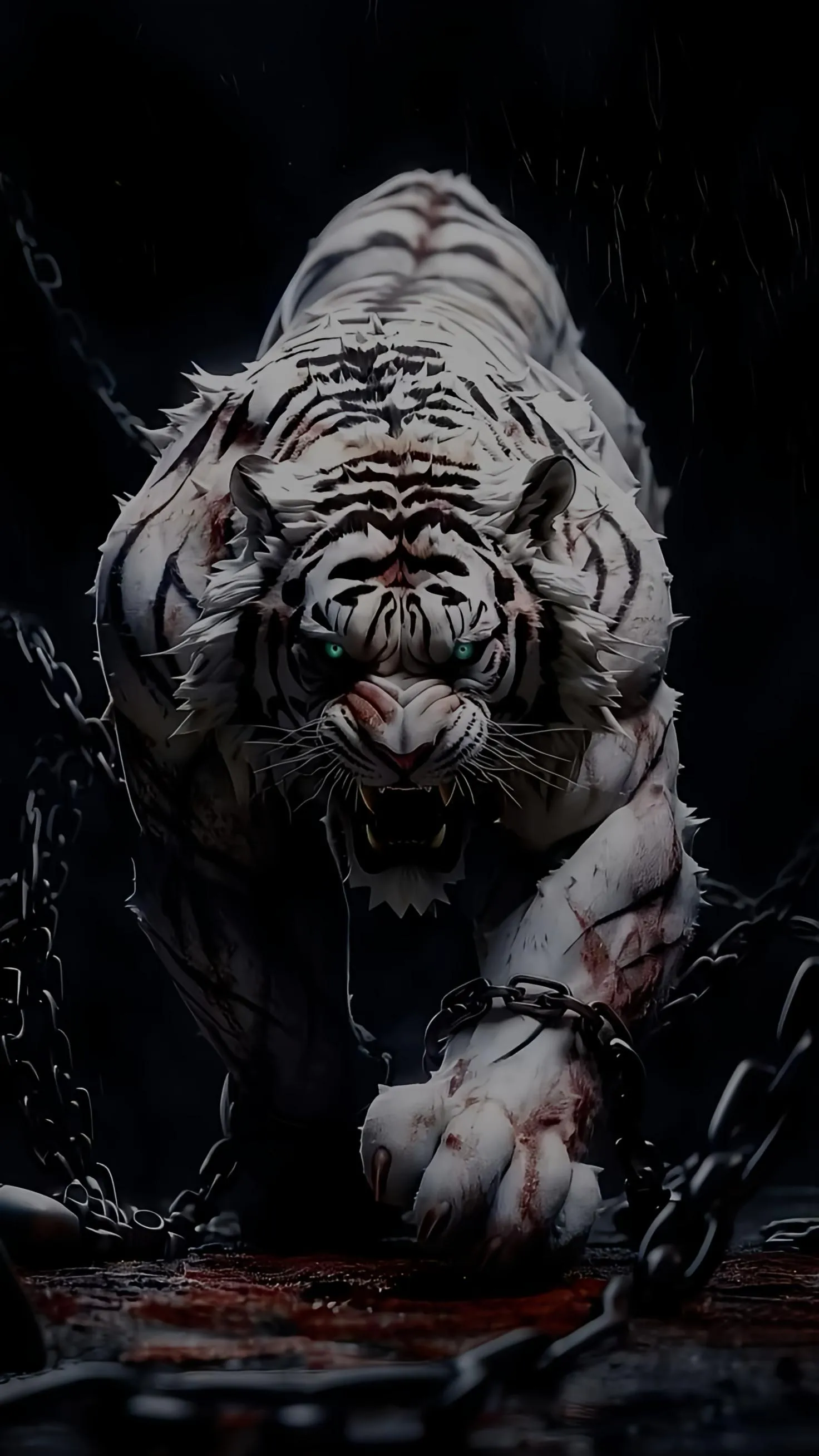 Fierce White Tiger Breaking Chains in Dark Bloodied Cage