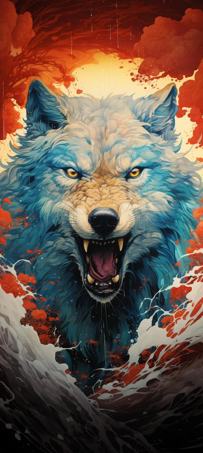 Fierce Wolf with Fire and Ice Dual Face Artwork Wallpaper