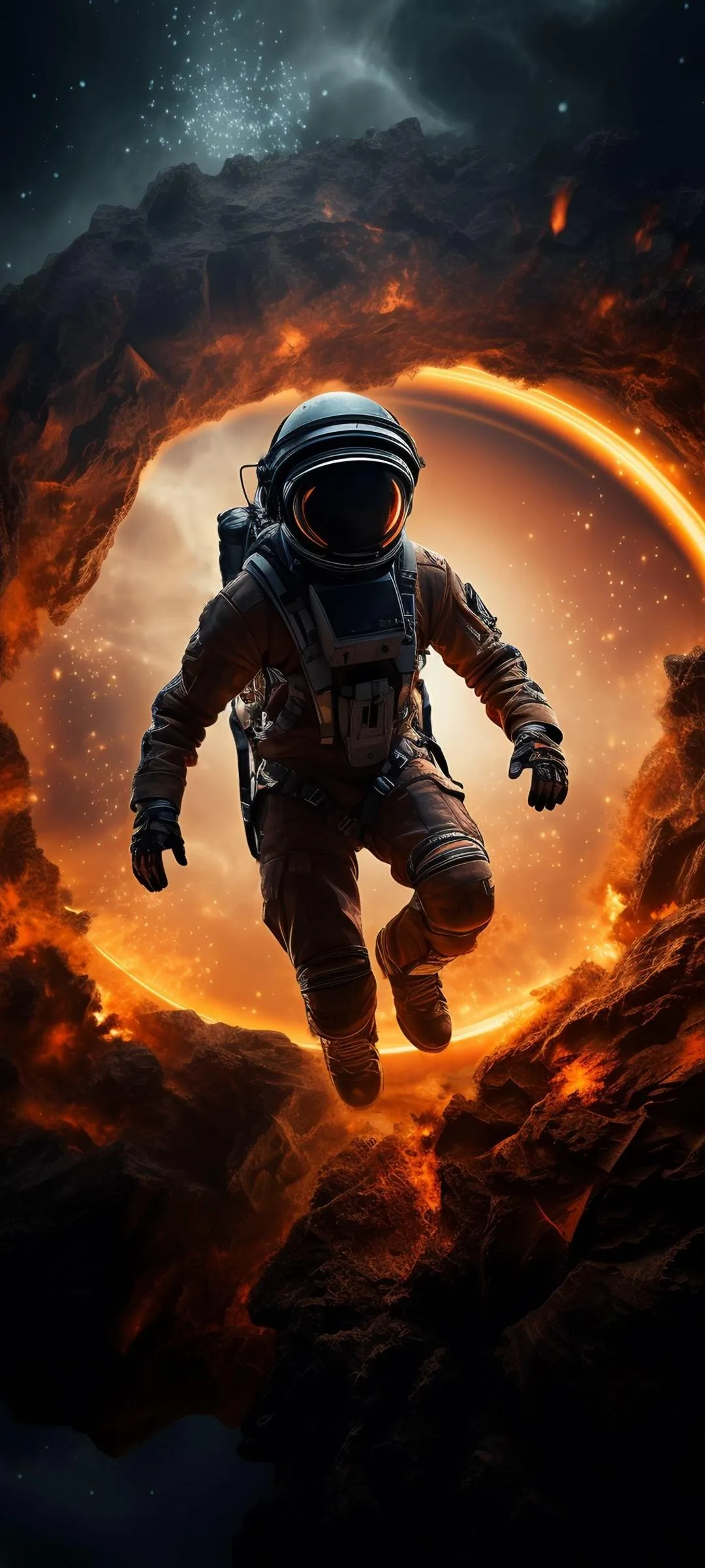 Fiery Astronaut Walking Through Flames and Smoke Wallpaper
