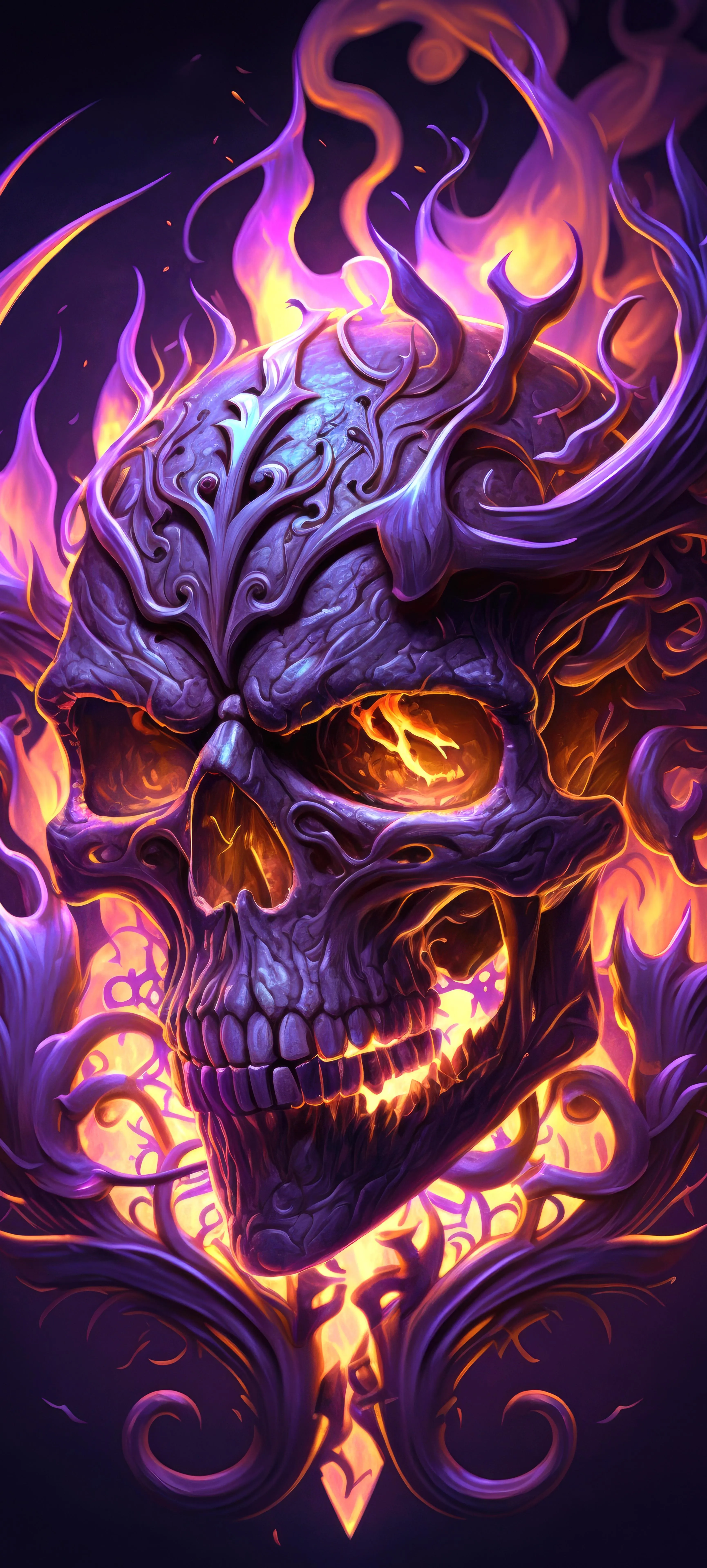 Fiery Demon Skull with Glowing Purple Flames Wallpaper