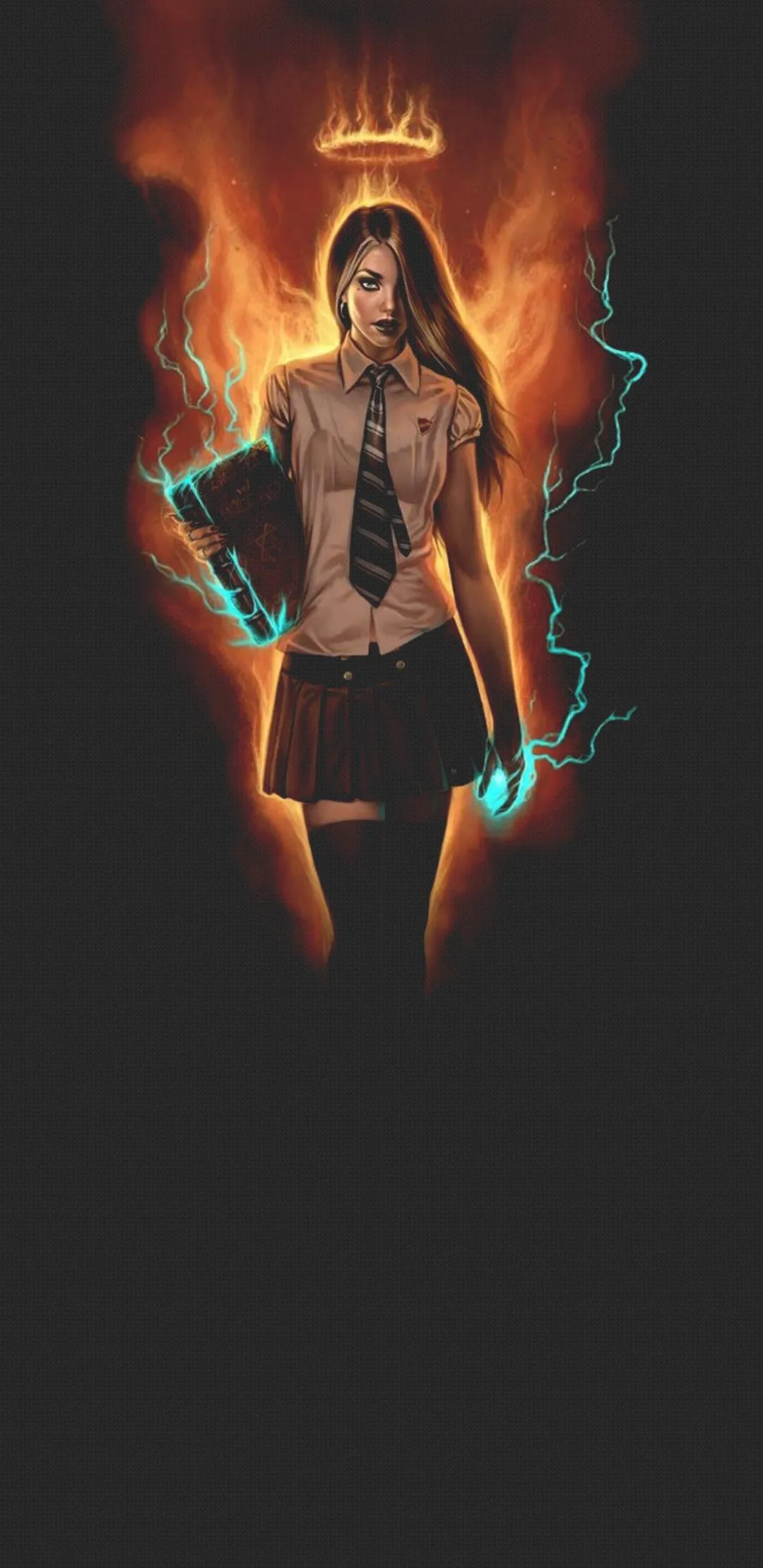 Fiery Female Warrior Surrounded by Burning Flames Wallpaper